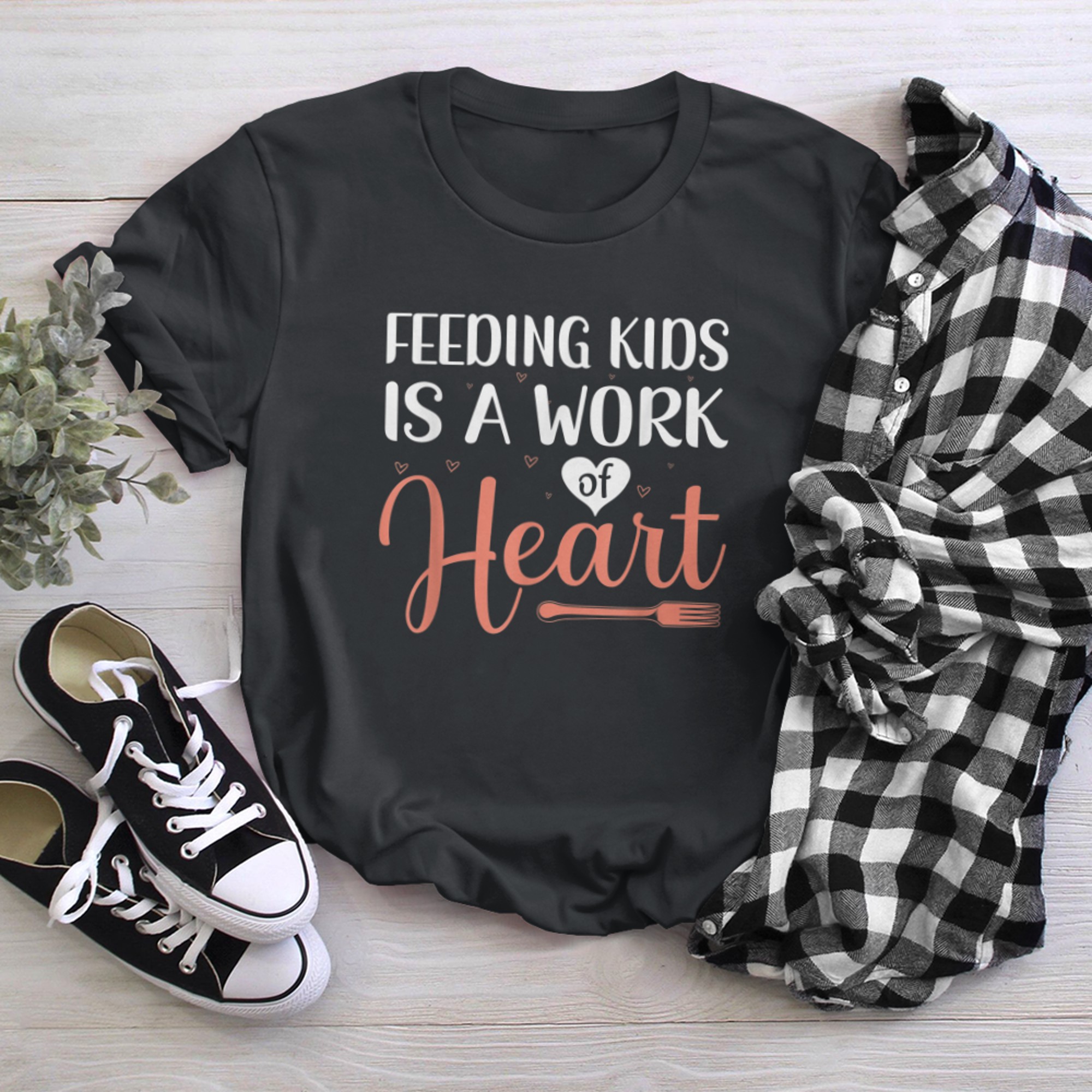 Feeding Kids is a Work of Heart Cafeteria School Lunch Lady (14) t-shirt black