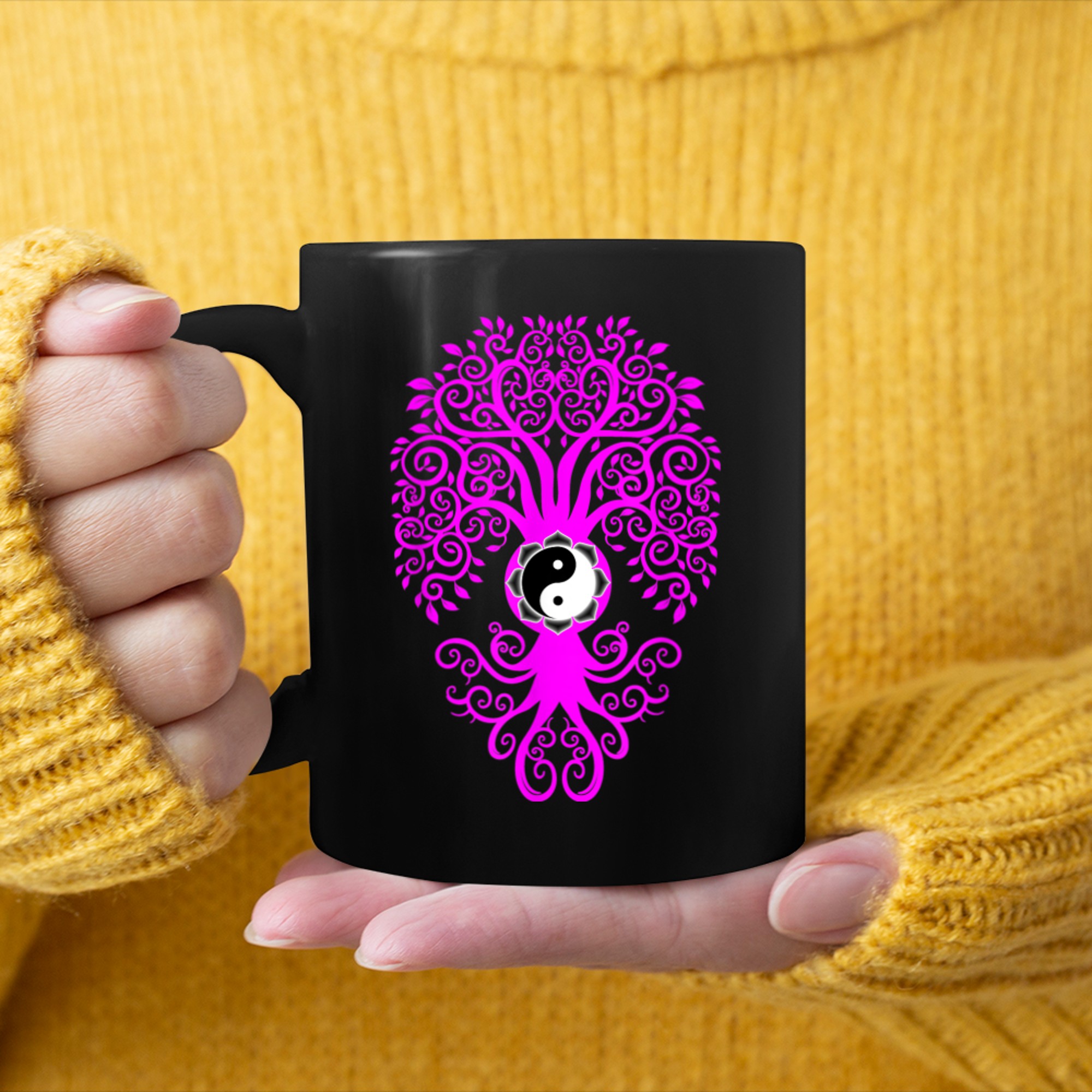 Fuchsia Bodhi Tree with Yin Yang Yoga Tshirt mug black