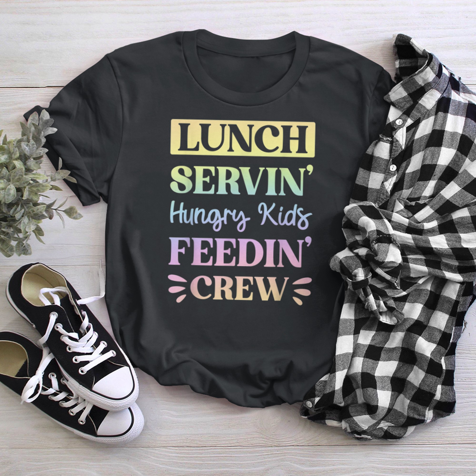 Fun School Cafeteria Food Service Lunch Crew Pastel Rainbow t-shirt black