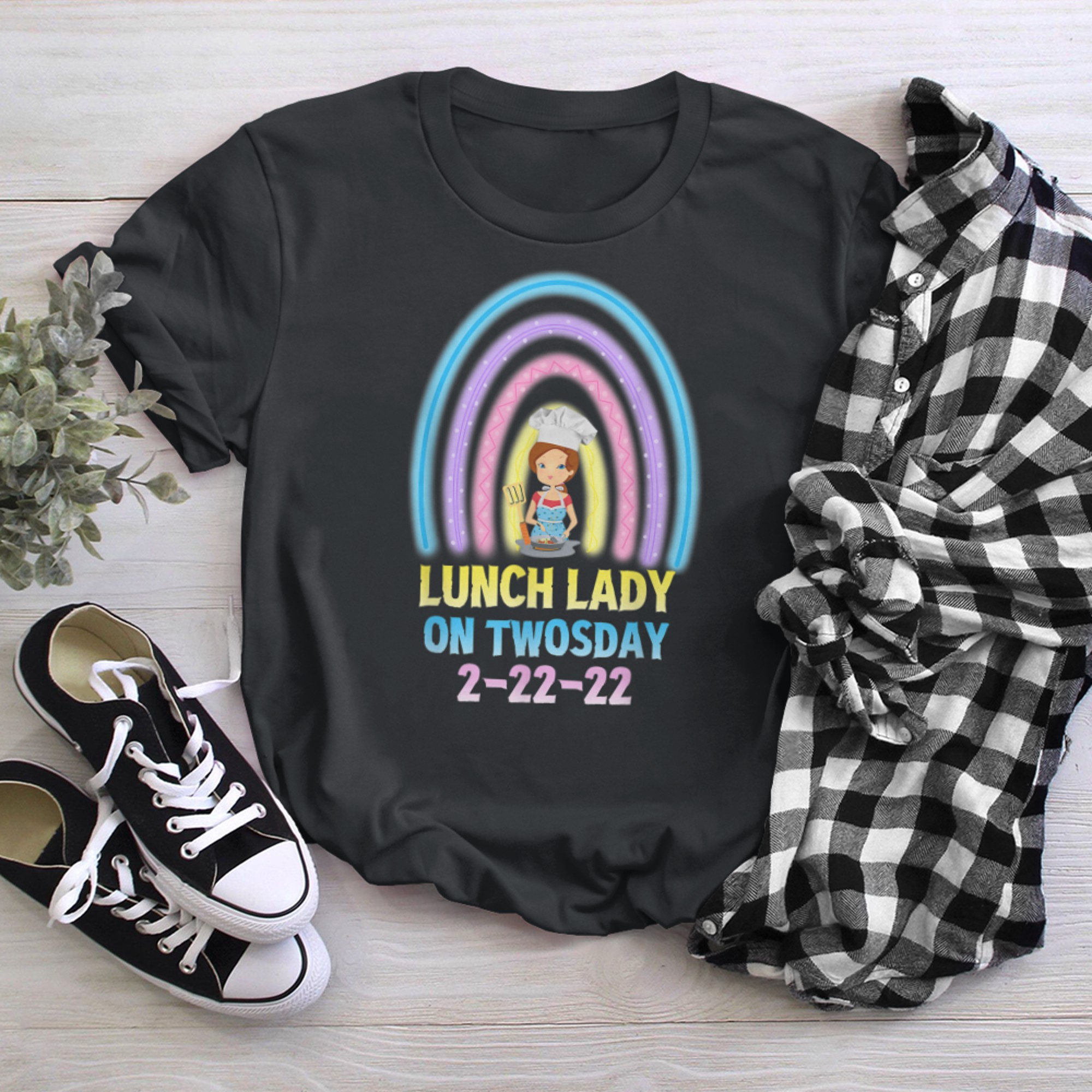 Funny Lunch Lady On Twosday 2-22-Rainbow Cafeteria Crew (1) t-shirt black