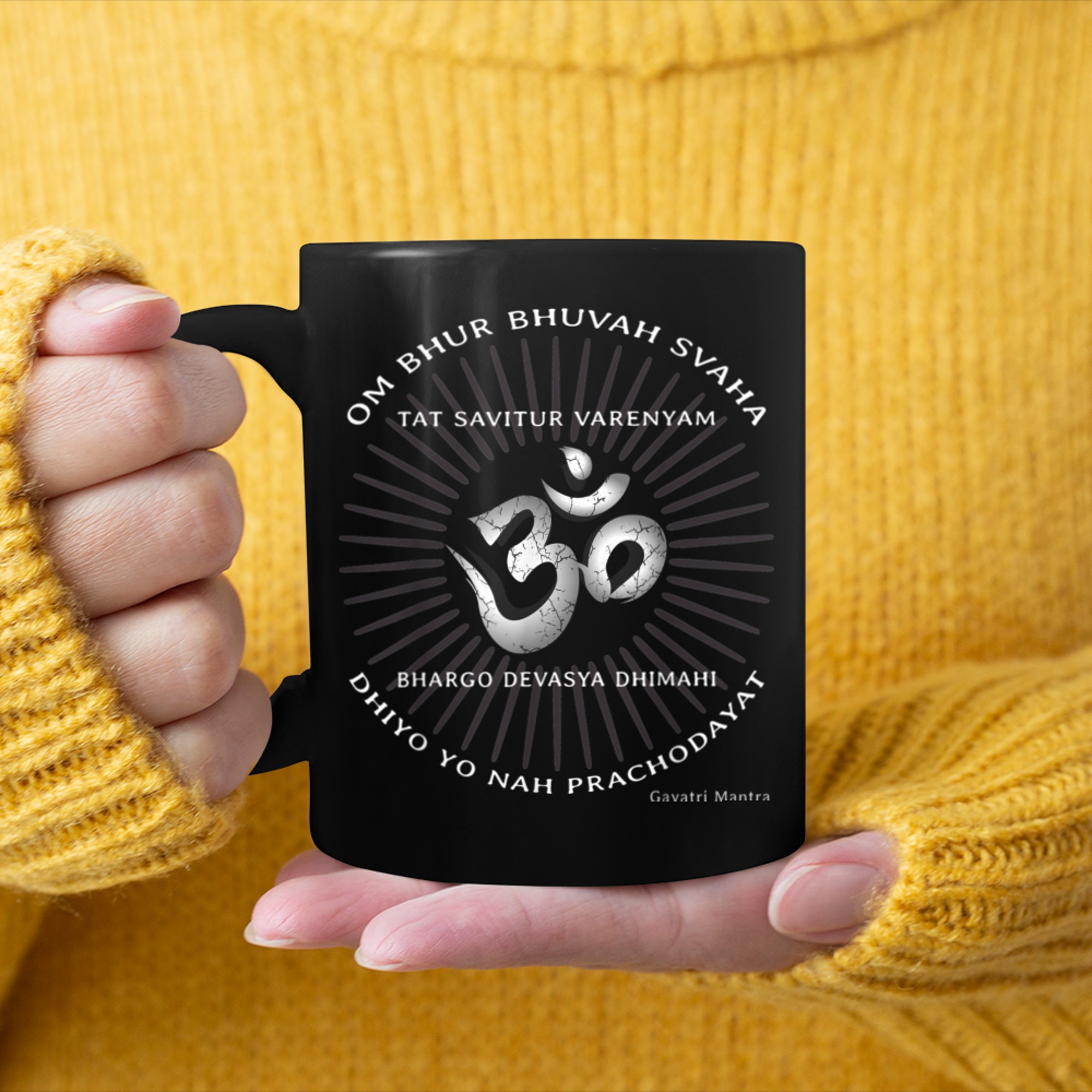 Gayatri Text OM Symbol Yoga Shirt Spiritual Gayatri Mantra (1) mug black