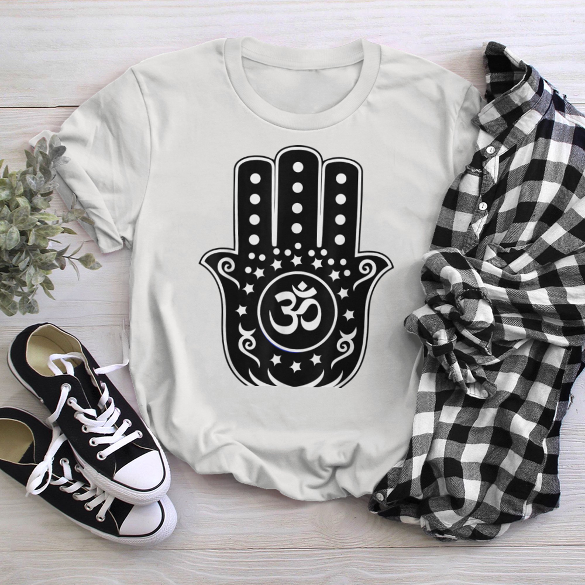 Hand of Hamsa Yoga Ohm Om symbol tshirt t-shirt white