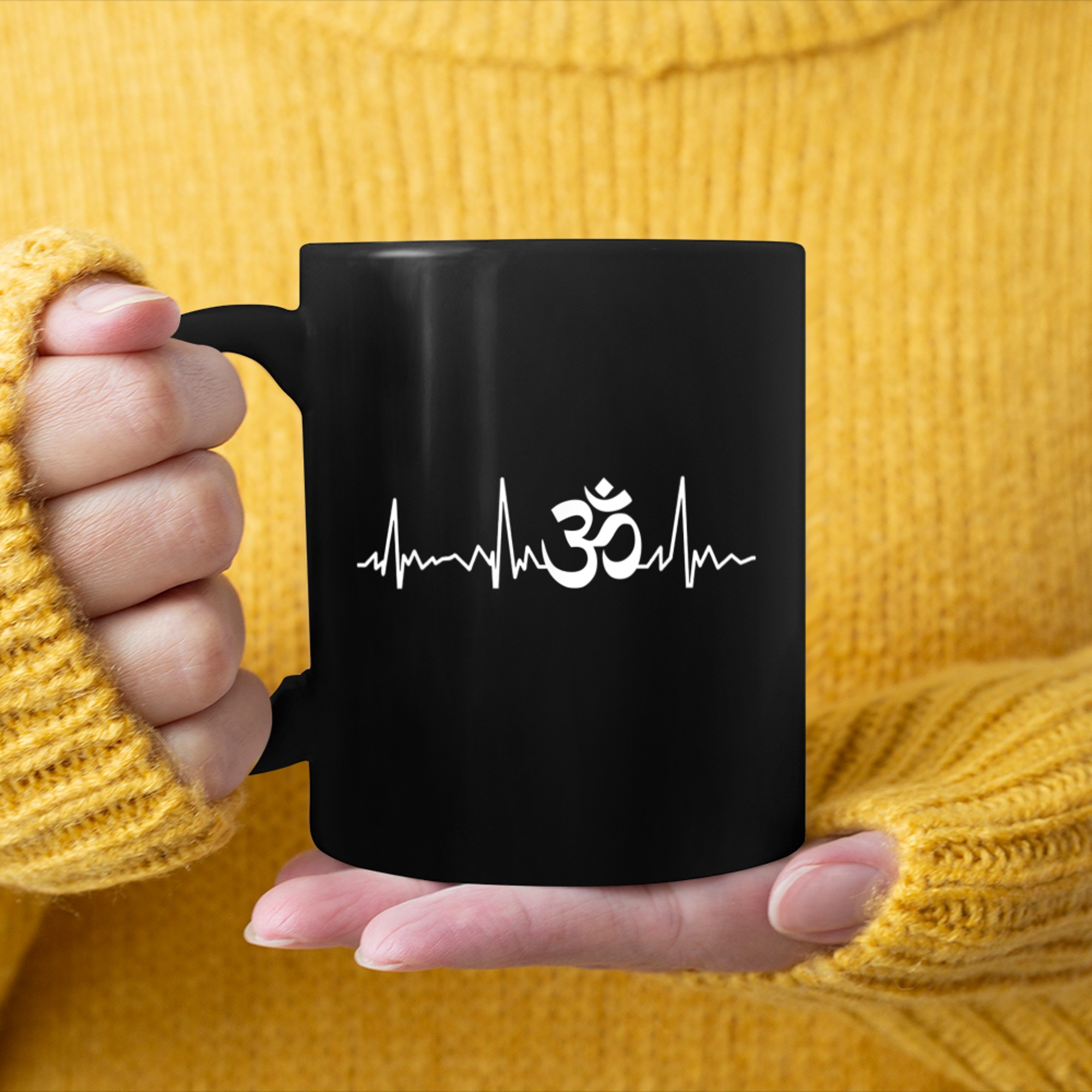 Heartbeat Om Symbol Ohm Yoga Meditation Inspiration mug black