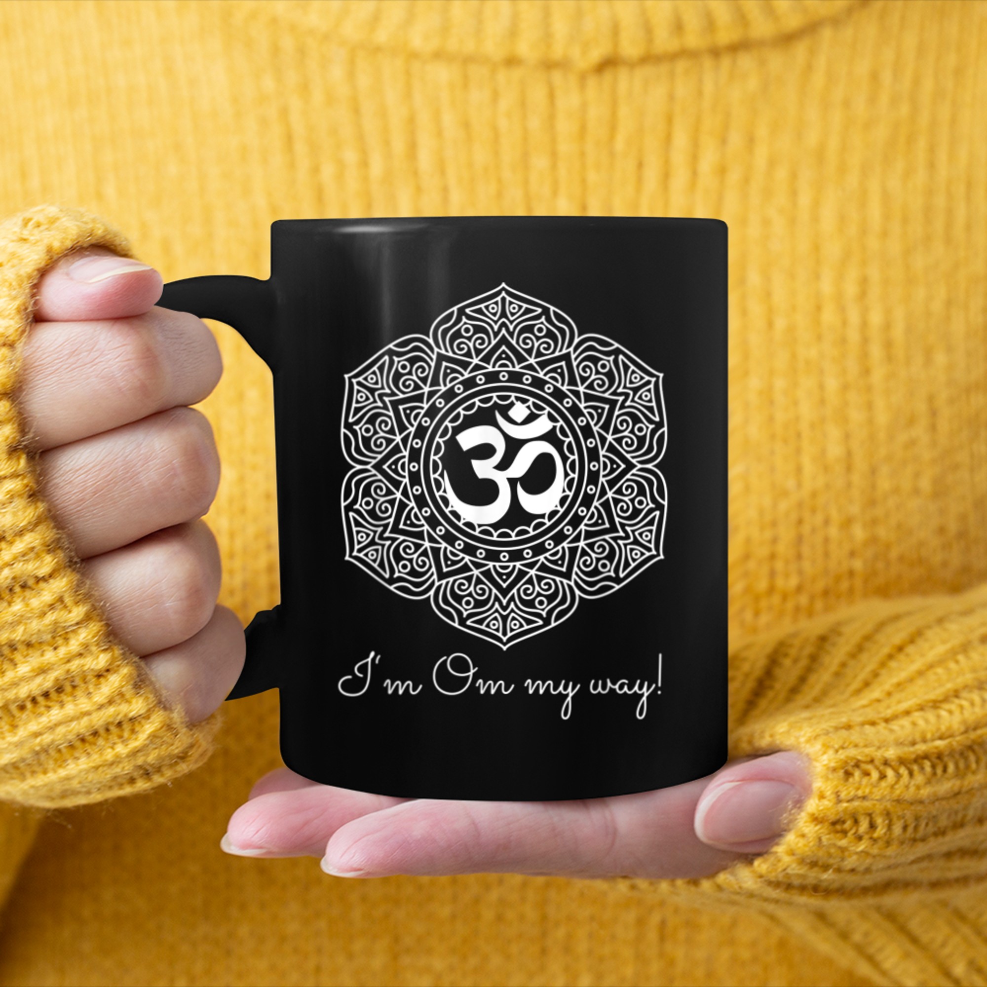 I Am Om My Way Funny Yoga and Meditation Symbol mug black