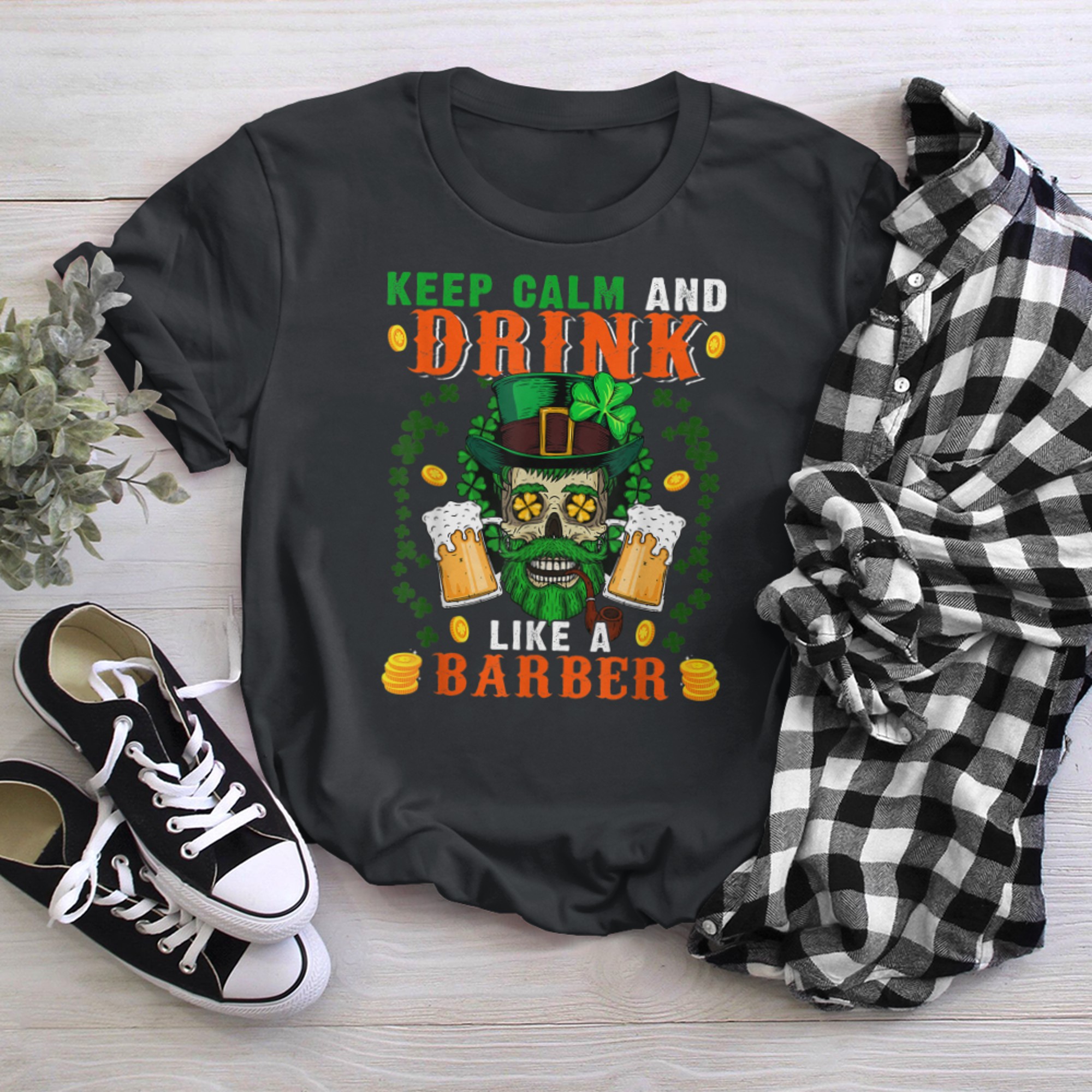 Keep Calm And Drink Like A Barber St. Patrick's Day Skull t-shirt black