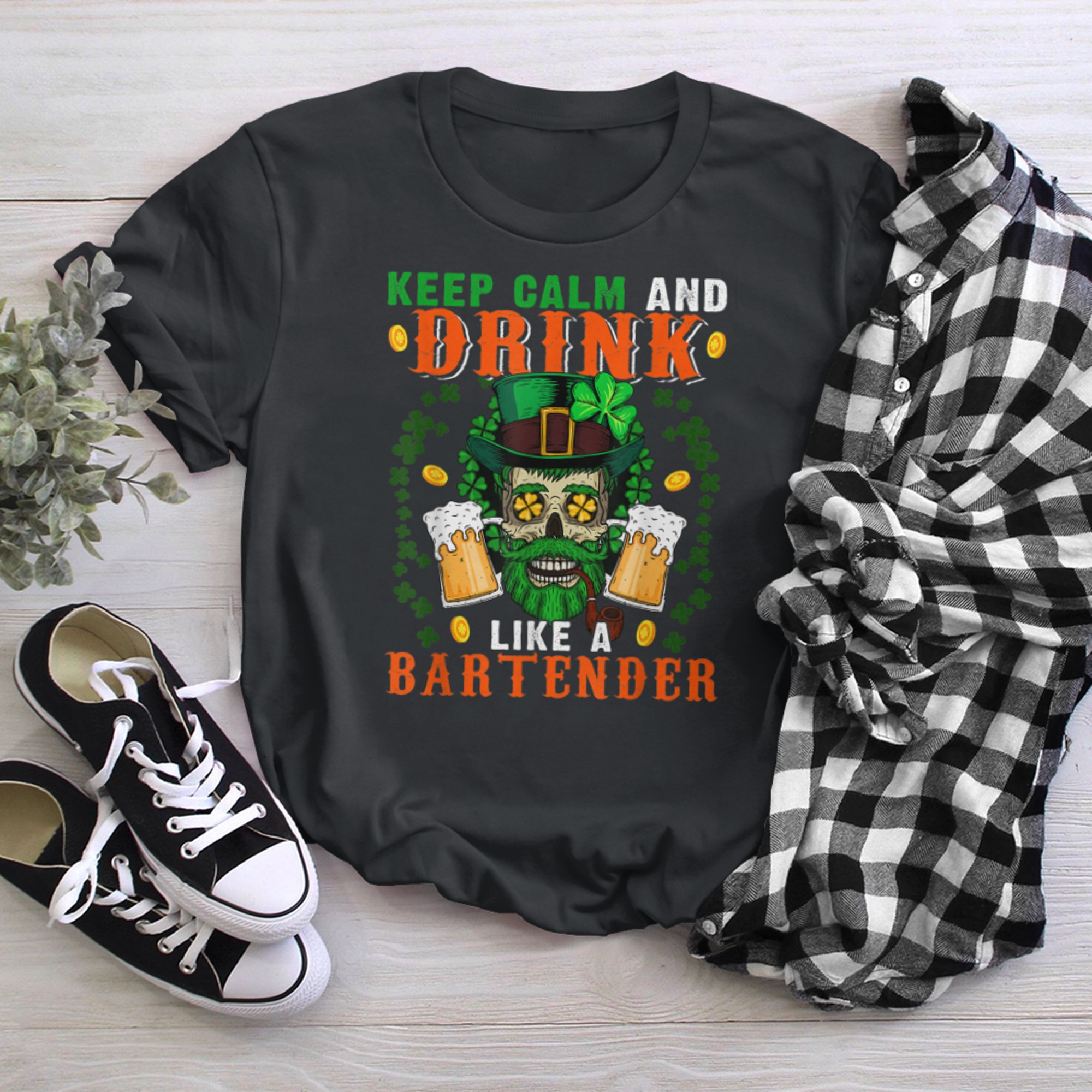 Keep Calm And Drink Like A Bartender St. Patrick's Day Skull t-shirt black