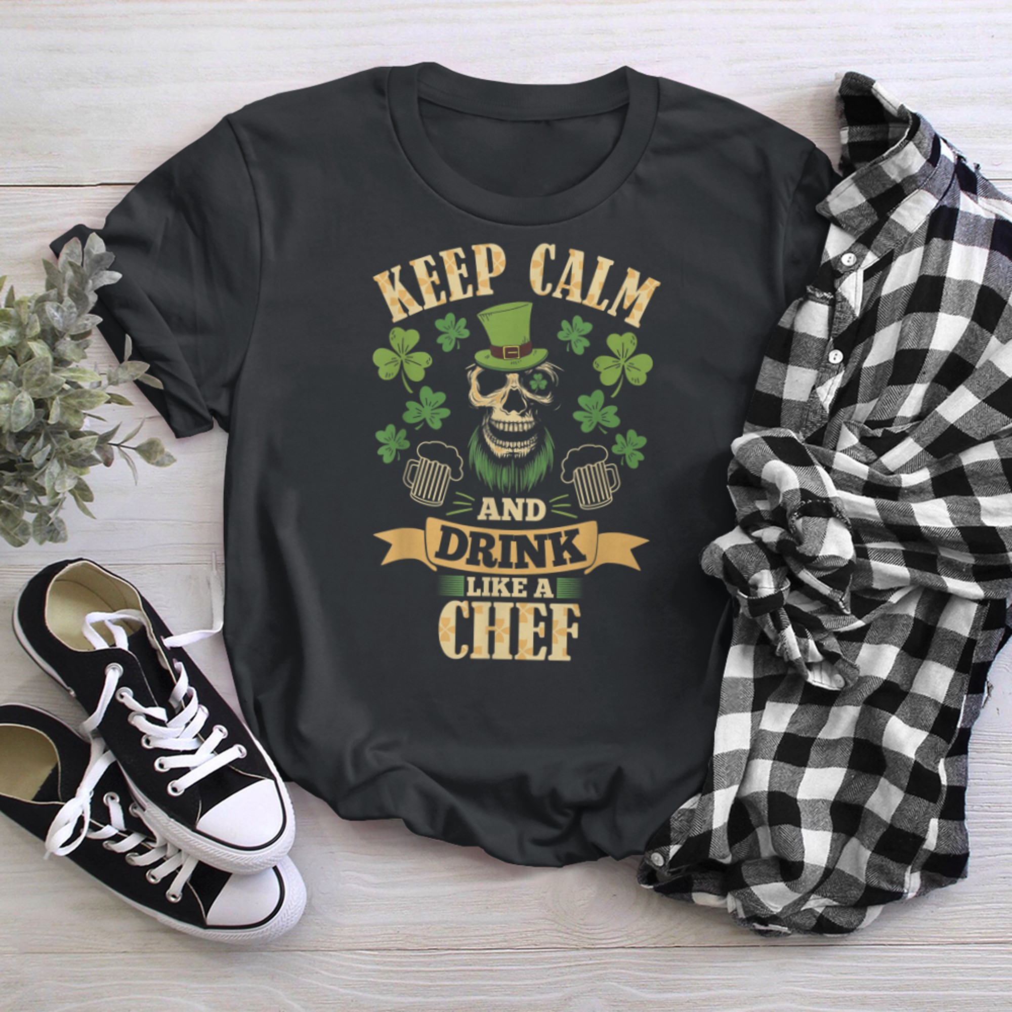 Keep Calm And Drink Like a Chef St Patricks Day Shamrock t-shirt black