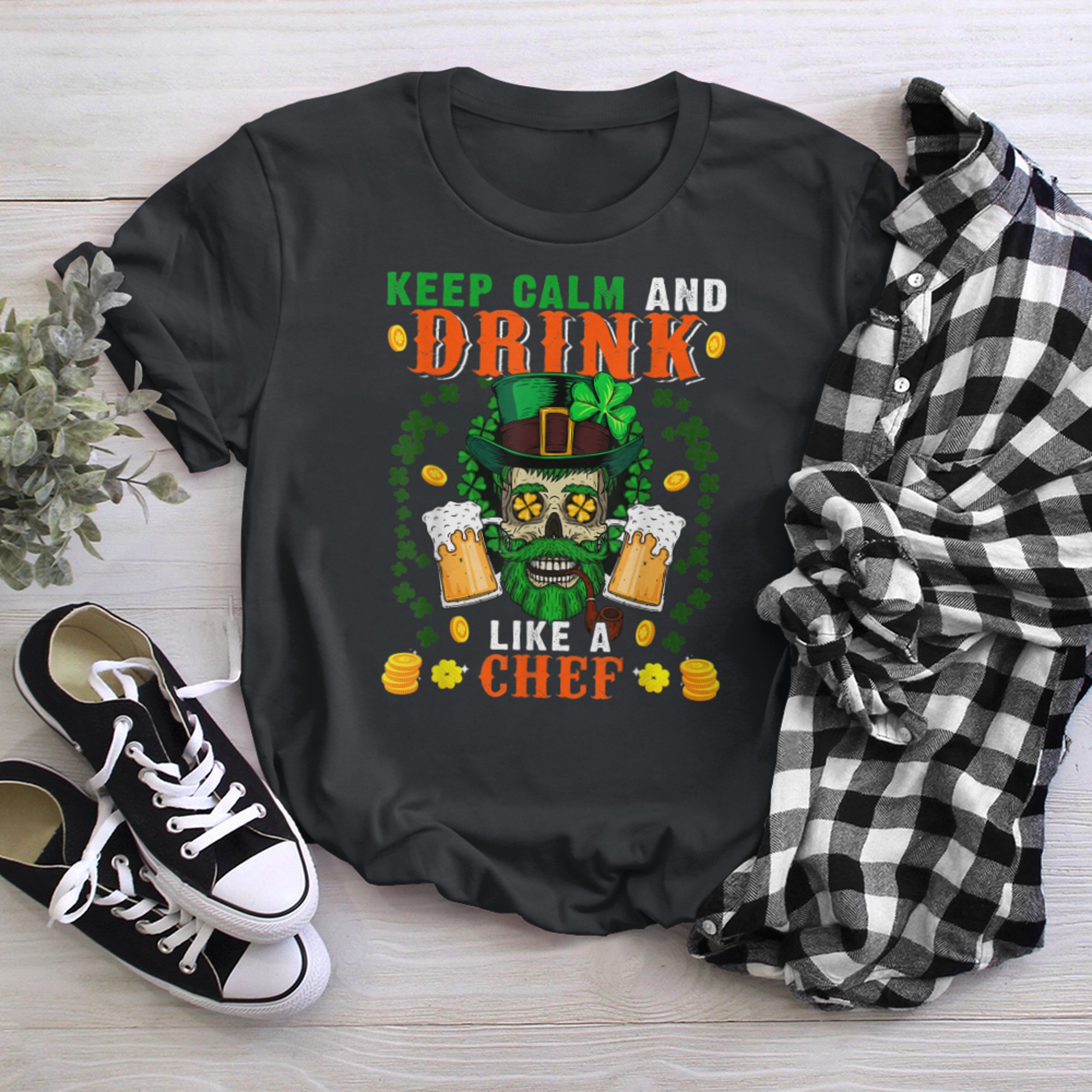 Keep Calm And Drink Like A Chef St. Patrick's Day Skull t-shirt black