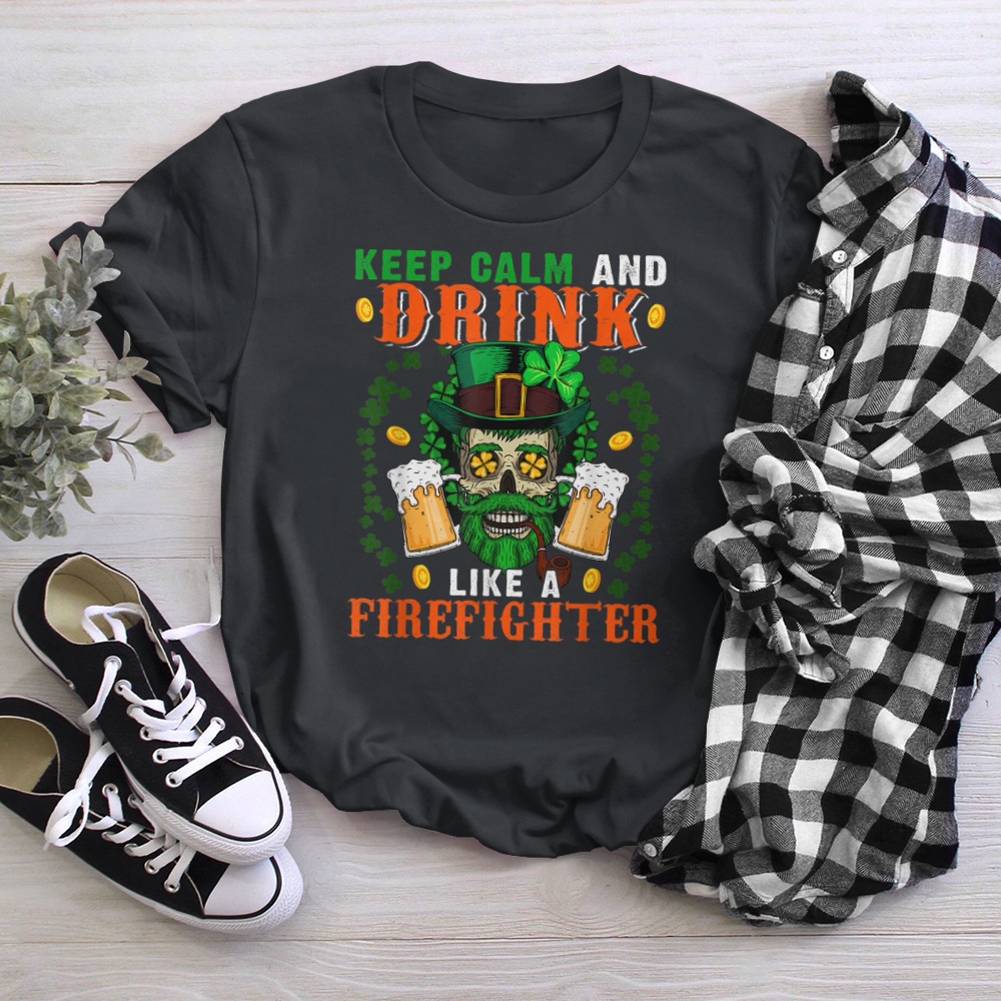 Keep Calm And Drink Like A Firefighter Patrick's Day Skull t-shirt black