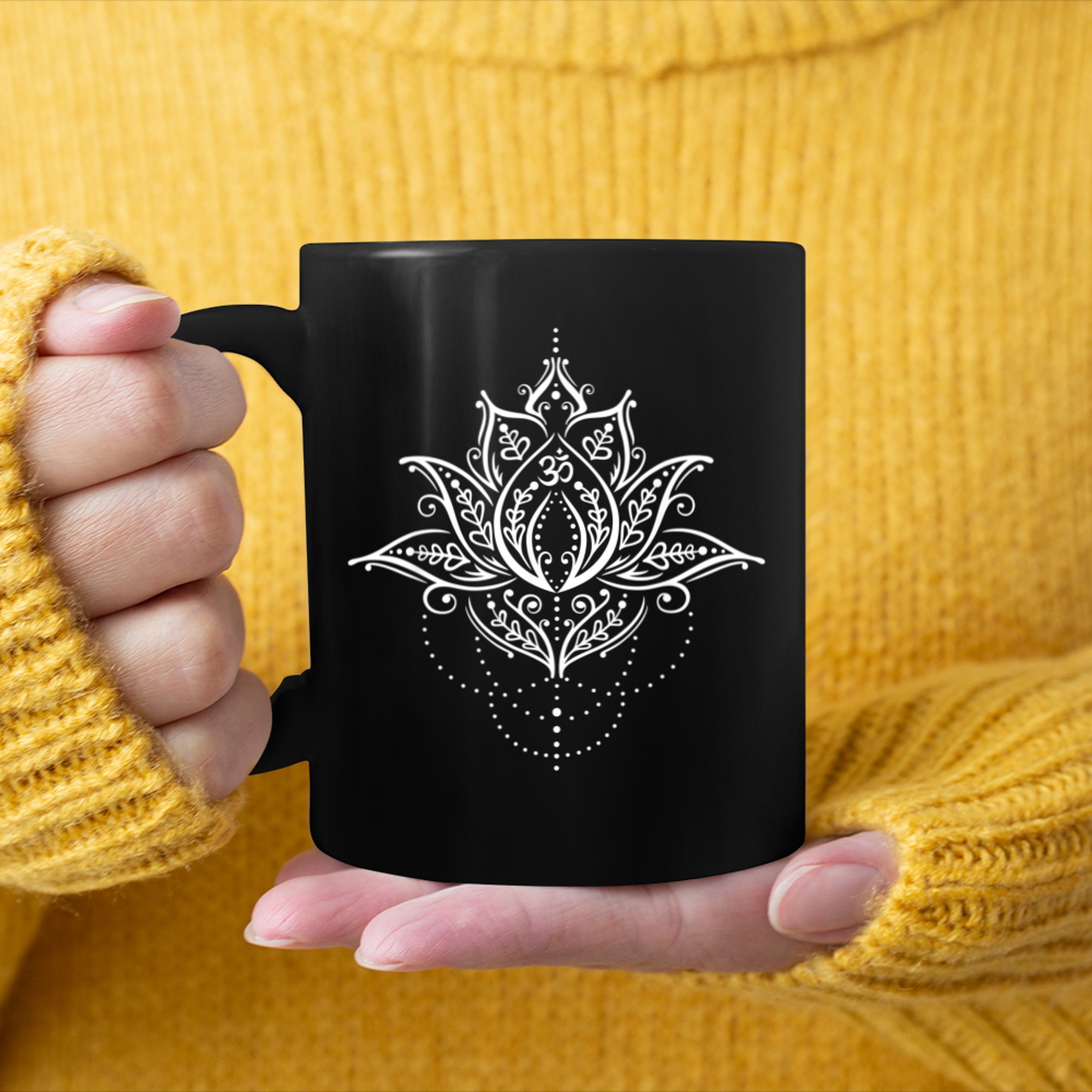 Lotus Flower with Om Symbol Mehndi Yoga Lovers mug black