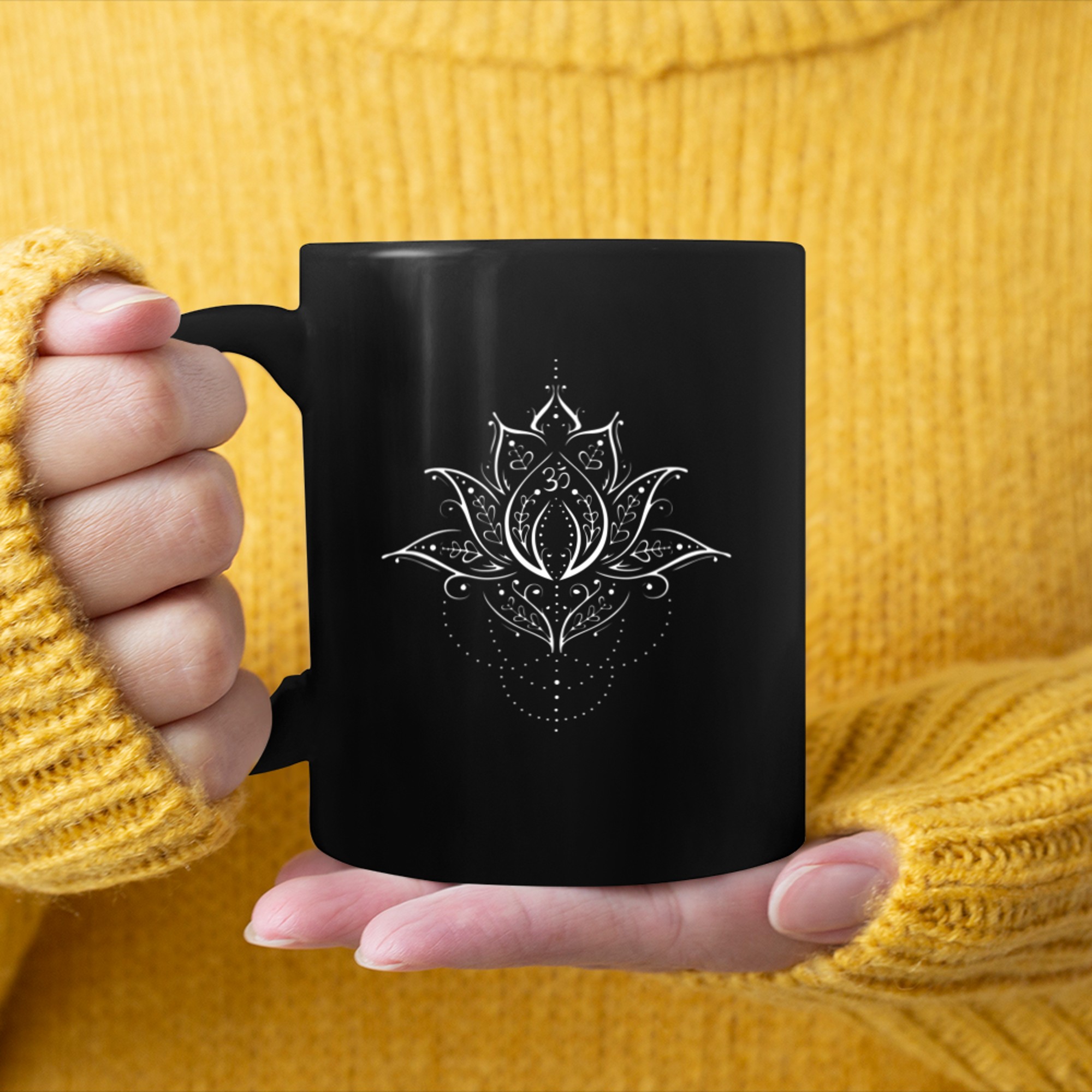 Lotus Flower with Yoga Mehndi Om Symbol Fitness mug black