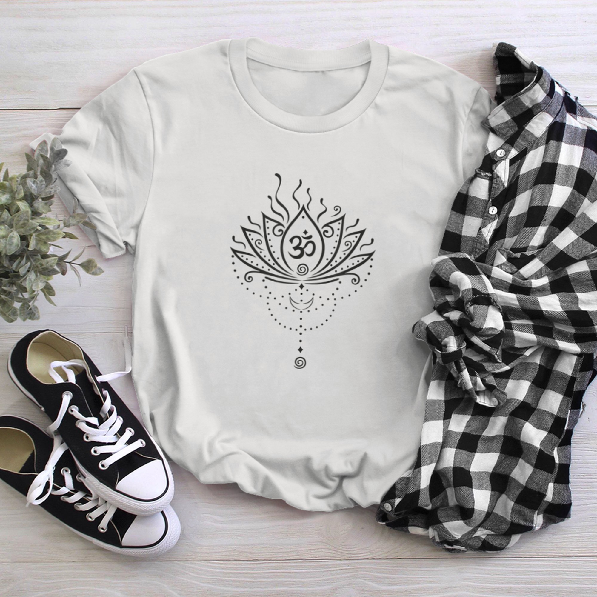 Lotus lotus flower with moon and yoga om symbol t-shirt white