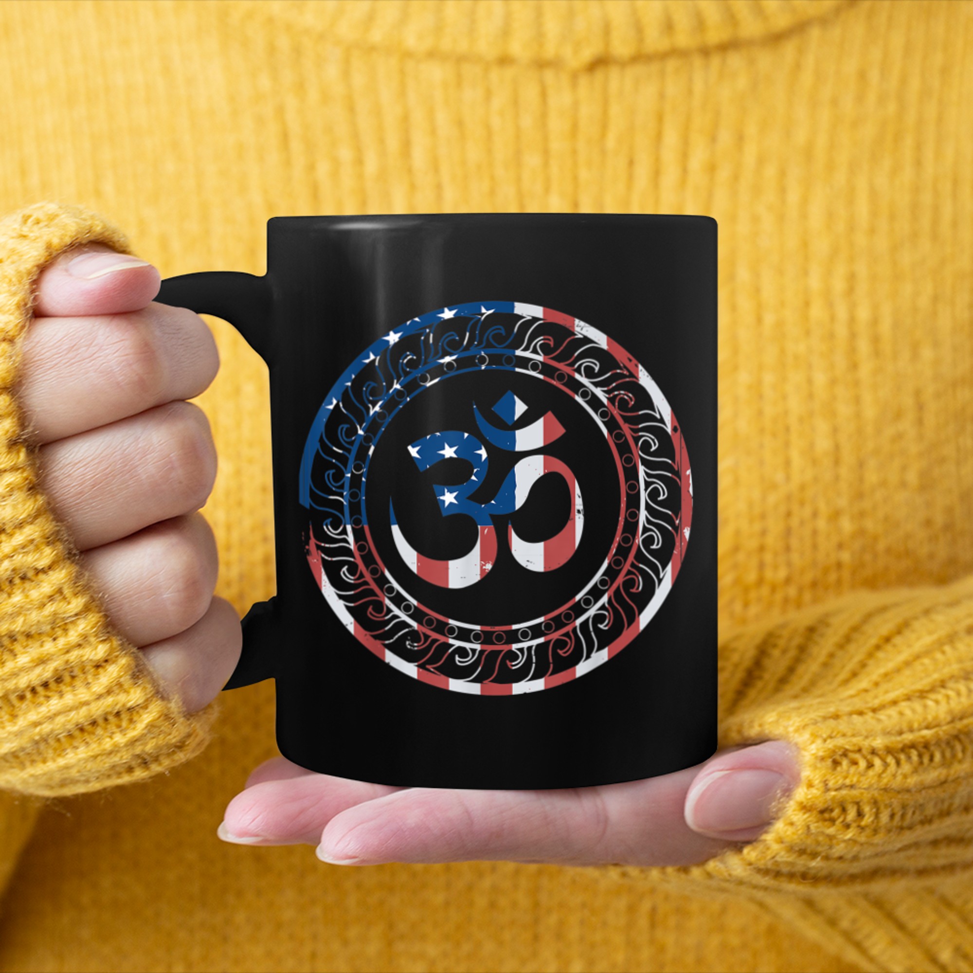 Mens Om Ohm Aum Symbol Yoga US Independence Day July mug black