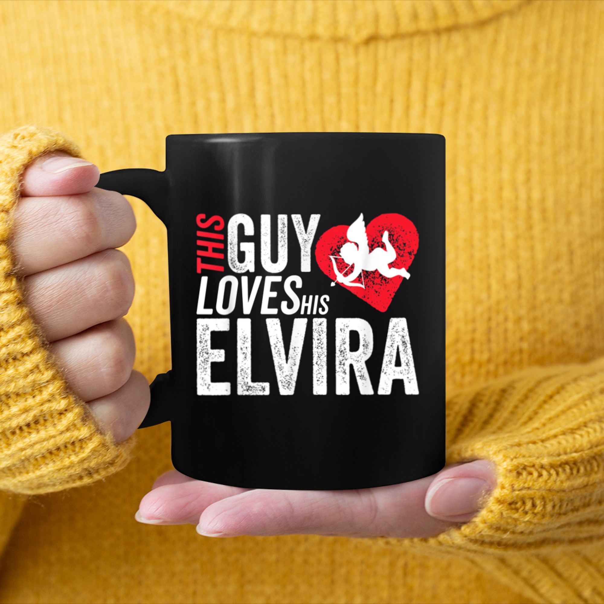 Mens This guy loves his ELVIRA valentine Anniversary Cupid Heart mug black