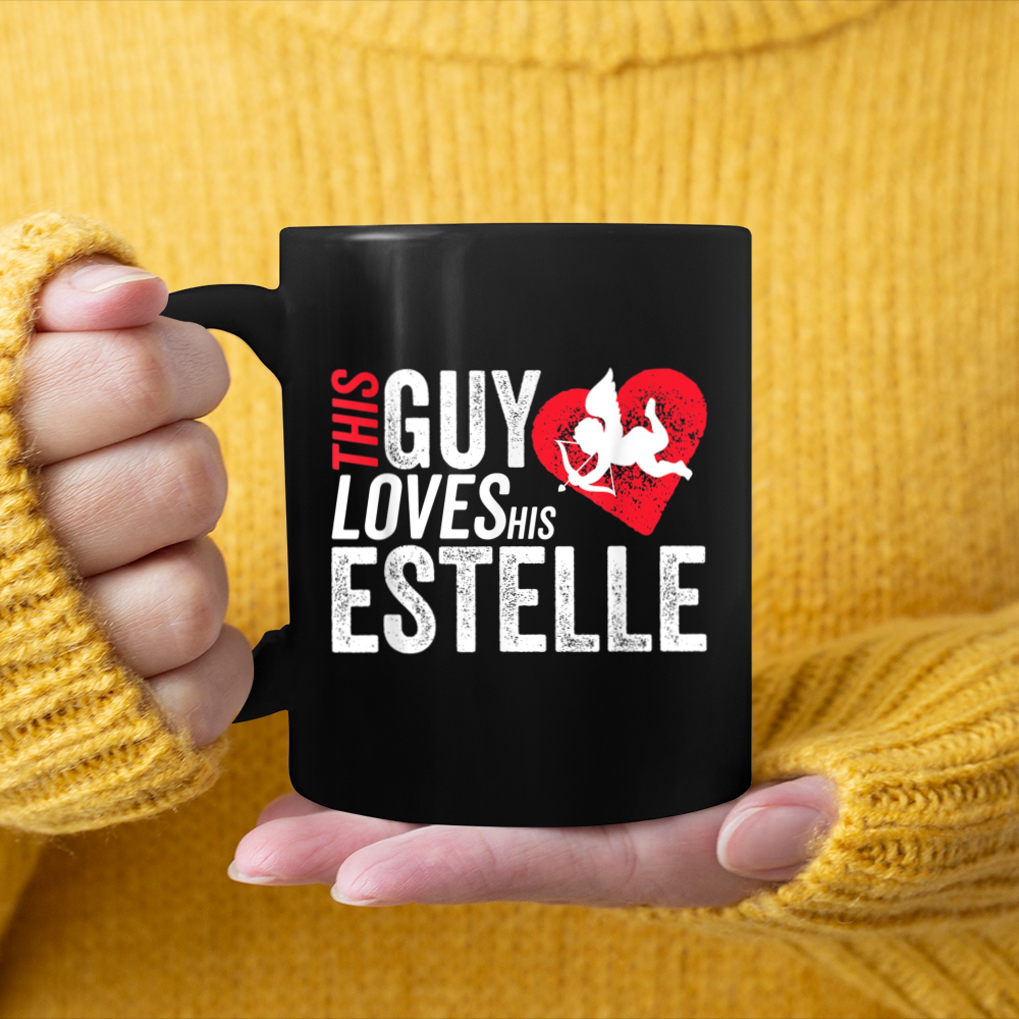 Mens This guy loves his ESTELLE valentine Anniversary Cupid Heart mug black