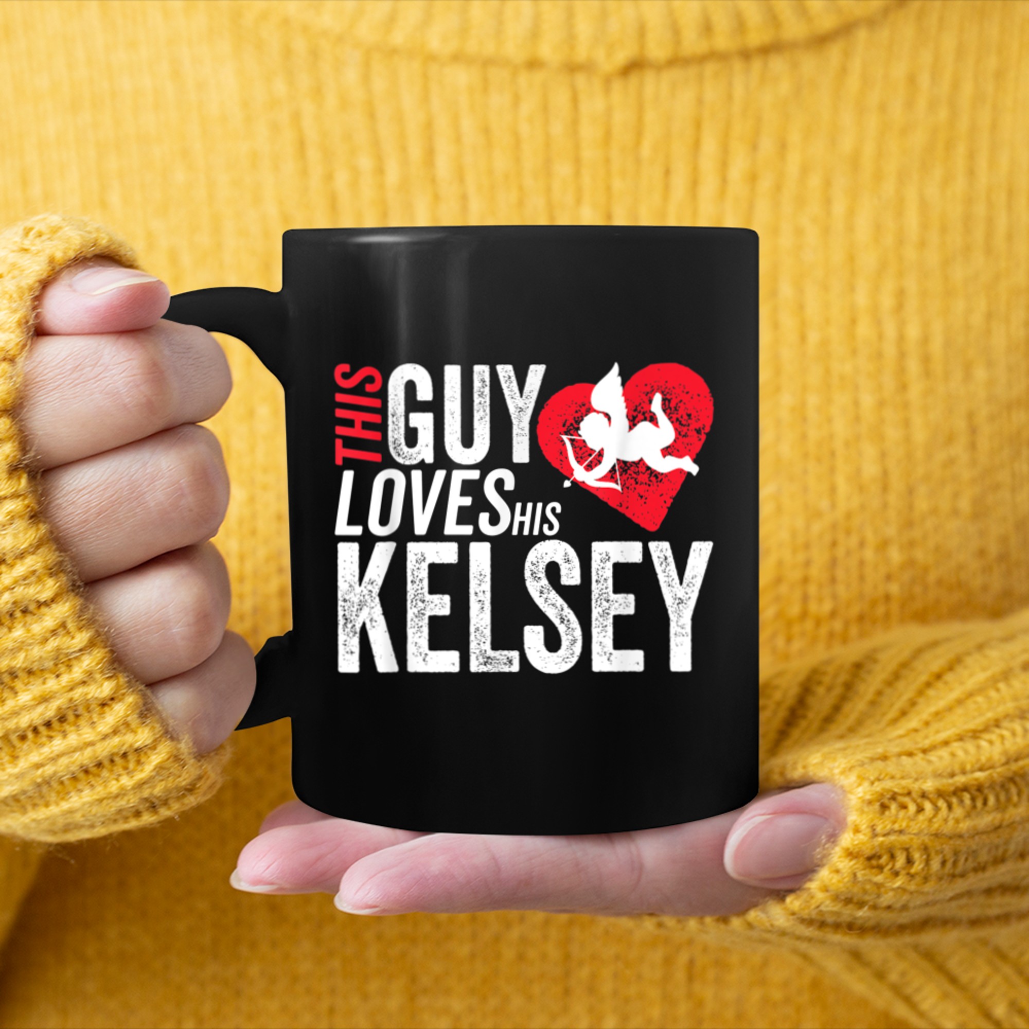 Mens This guy loves his KELSEY valentine Anniversary Cupid Heart mug black