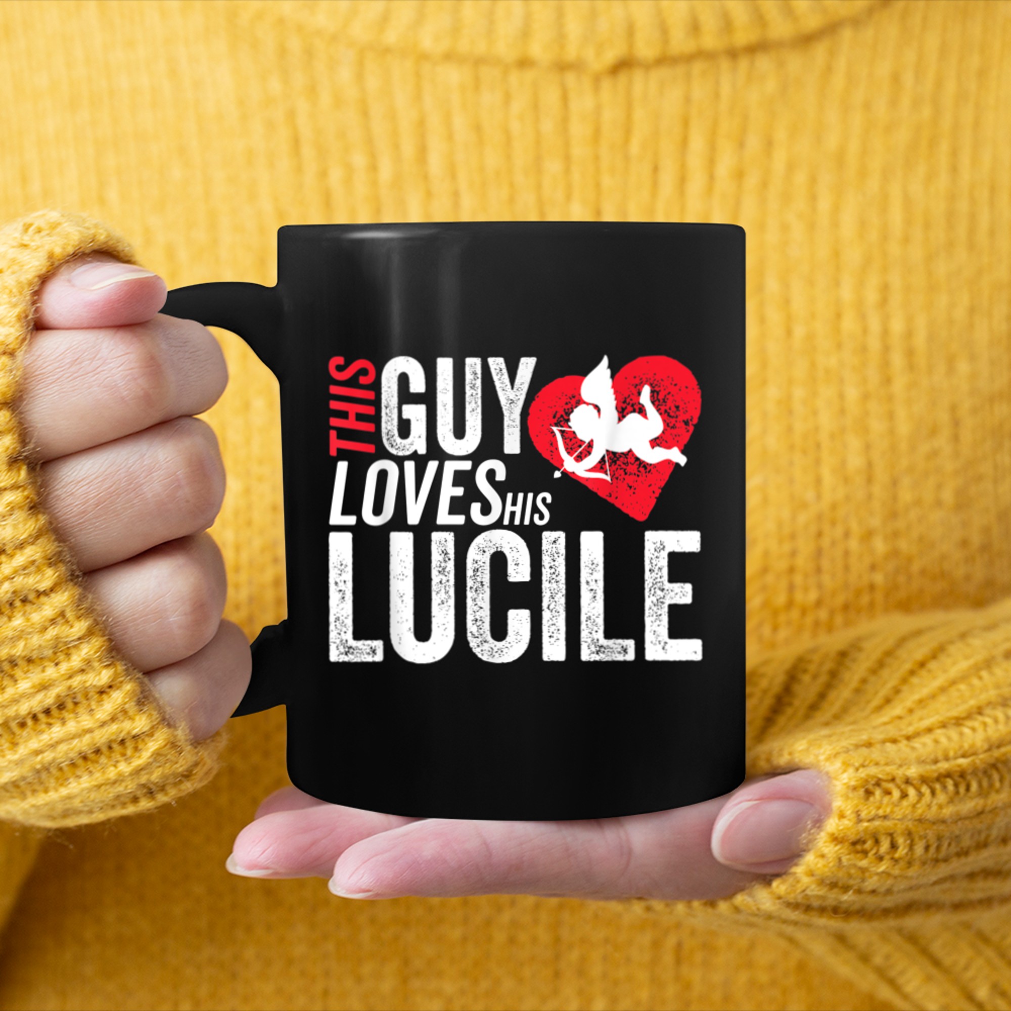 Mens This guy loves his LUCILE valentine Anniversary Cupid Heart mug black