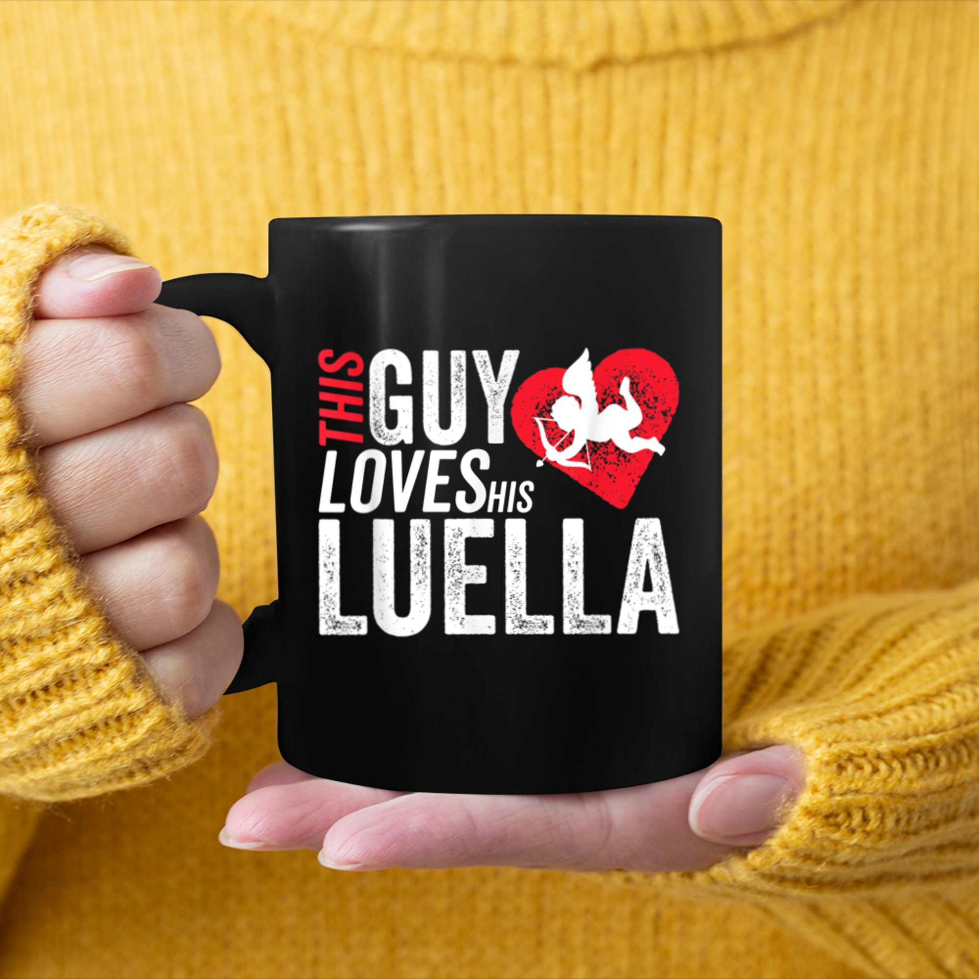 Mens This guy loves his LUELLA valentine Anniversary Cupid Heart mug black