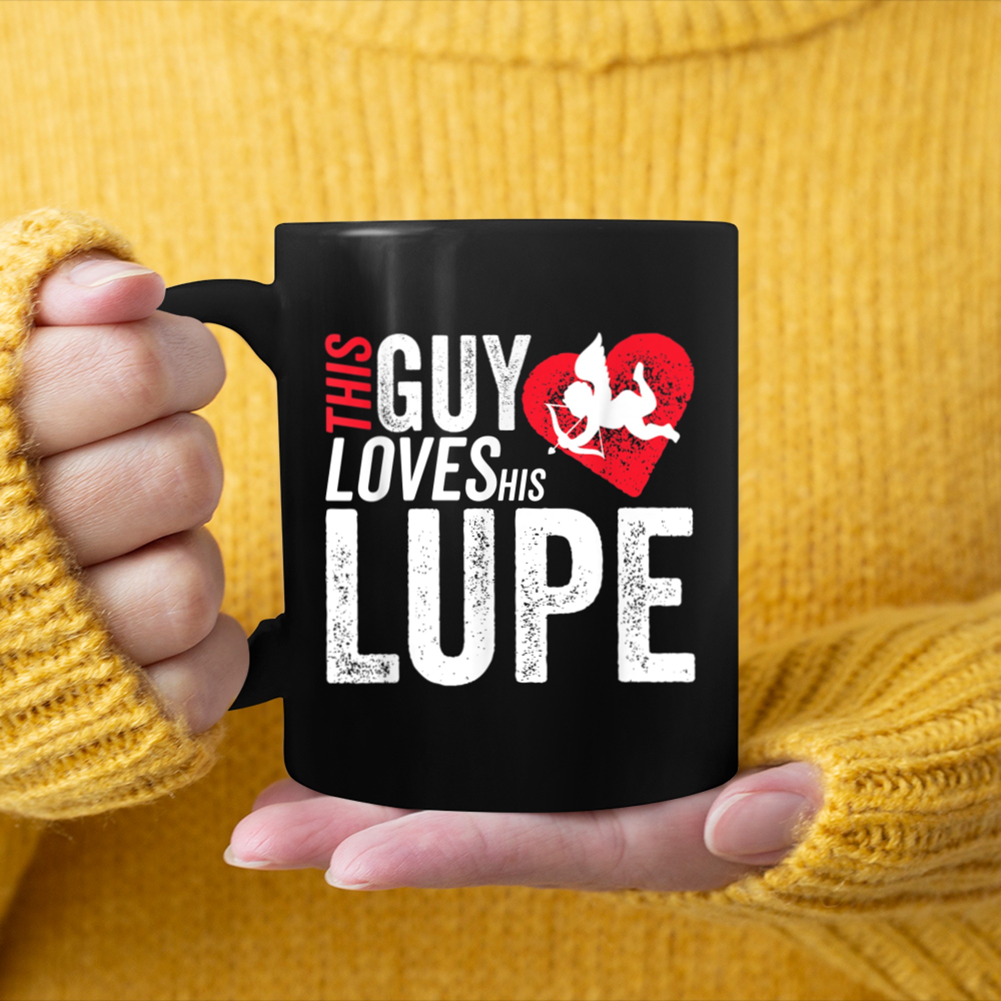 Mens This guy loves his LUPE valentine Anniversary Cupid Heart mug black