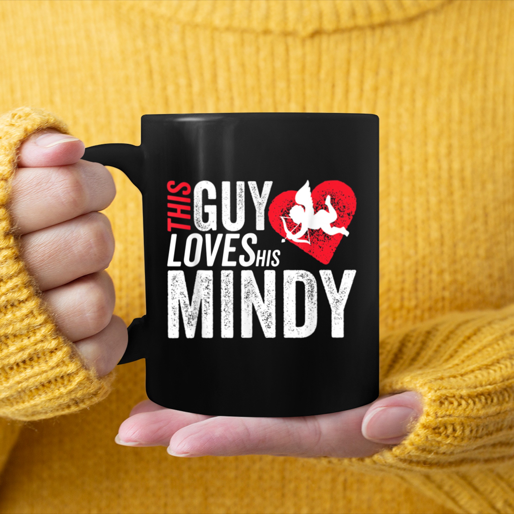 Mens This guy loves his MINDY valentine Anniversary Cupid Heart mug black