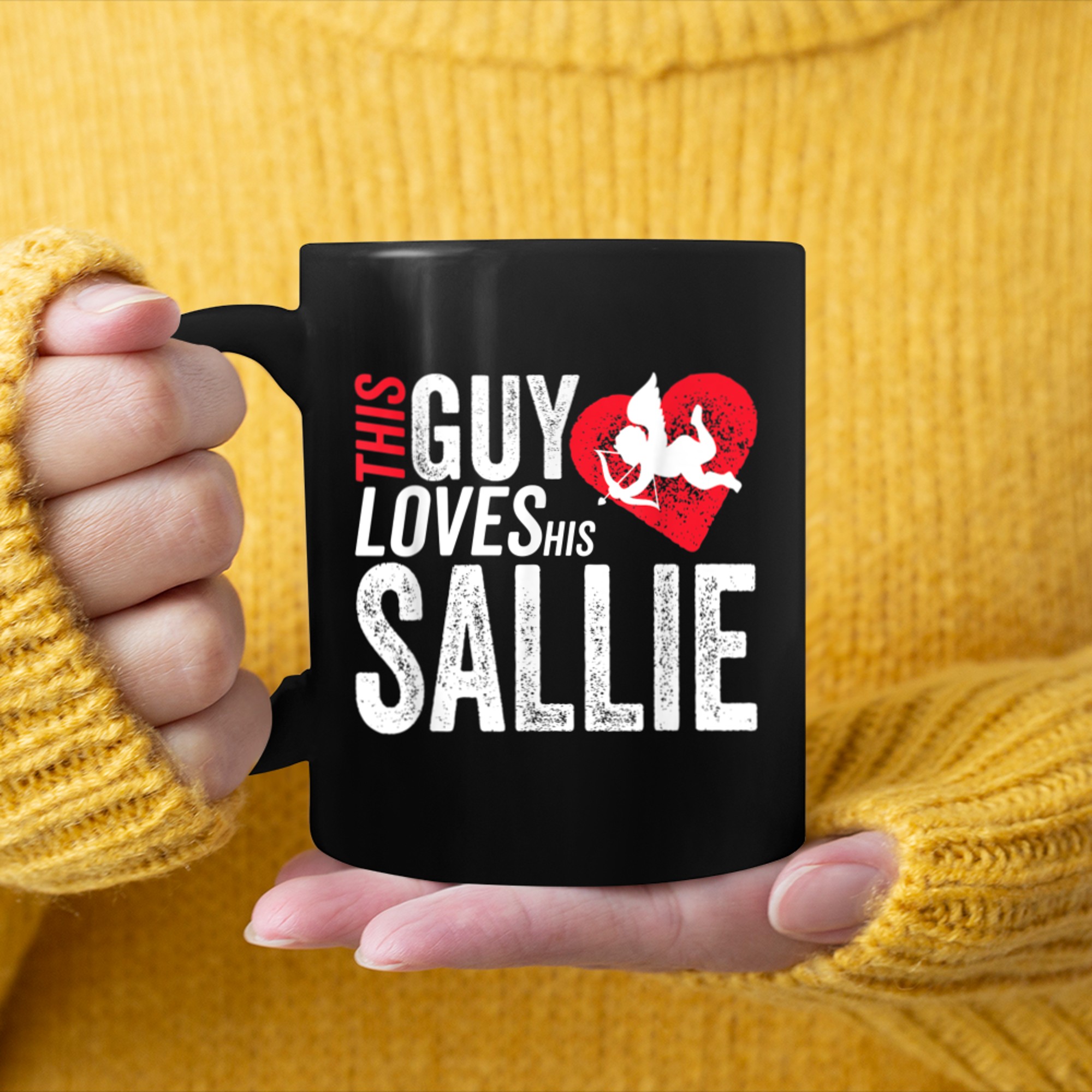 Mens This guy loves his SALLIE valentine Anniversary Cupid Heart mug black