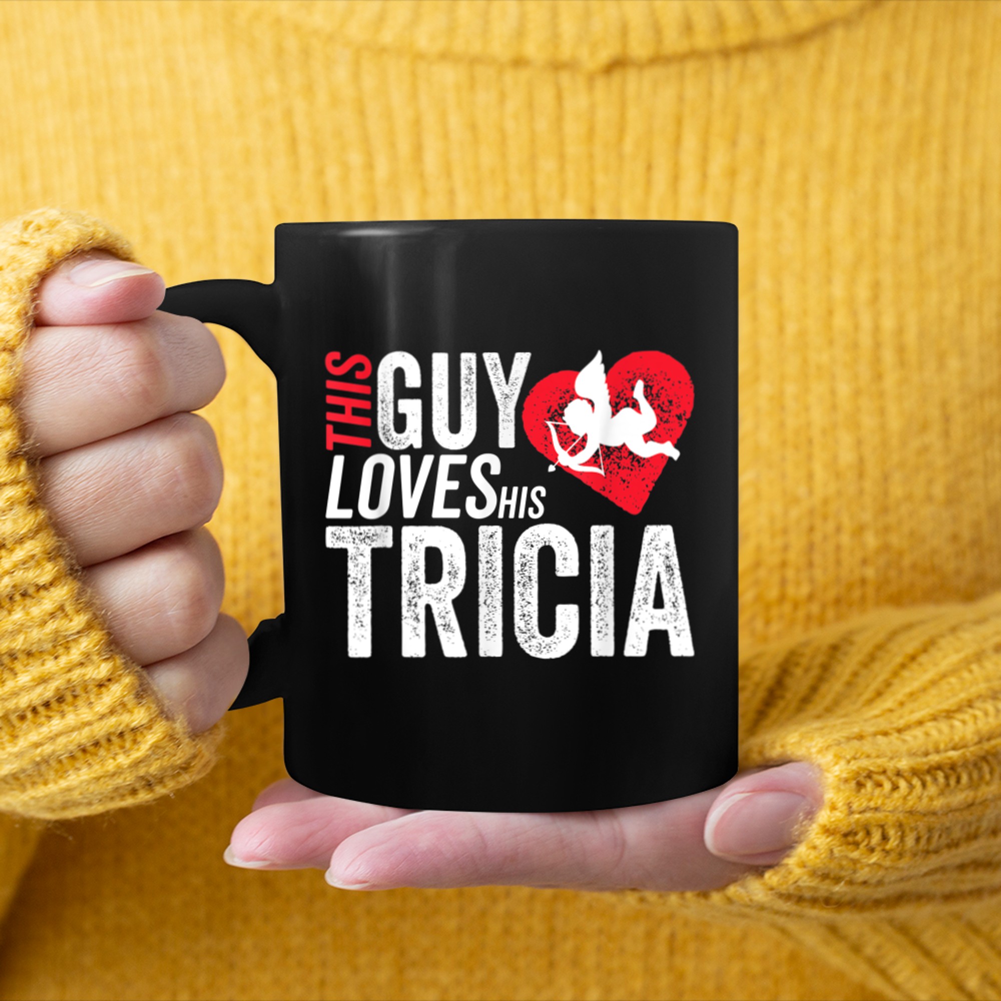 Mens This guy loves his TRICIA valentine Anniversary Cupid Heart mug black