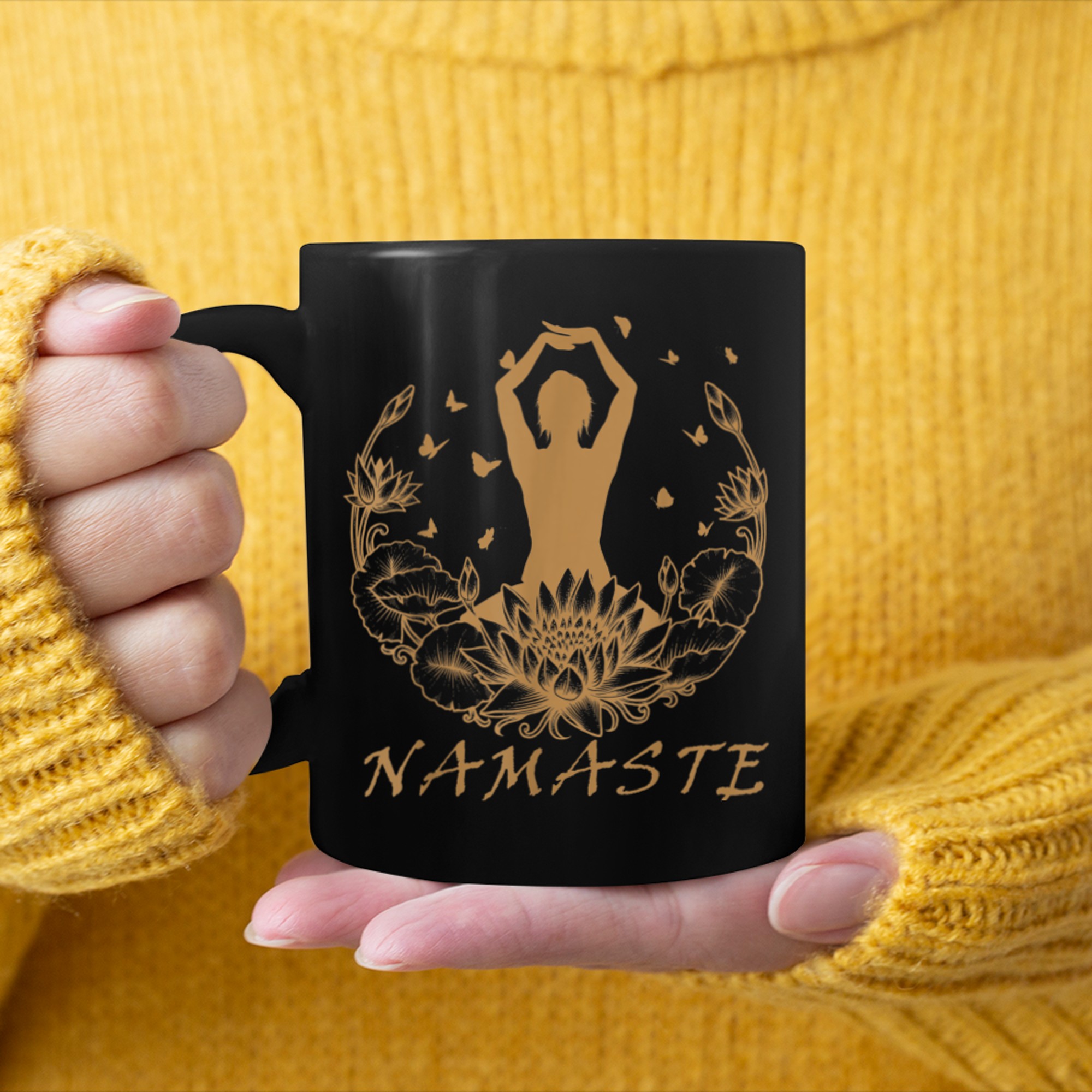 Namaste, Lotus flower, Yoga meditation clothing, Om symbol (1) mug black