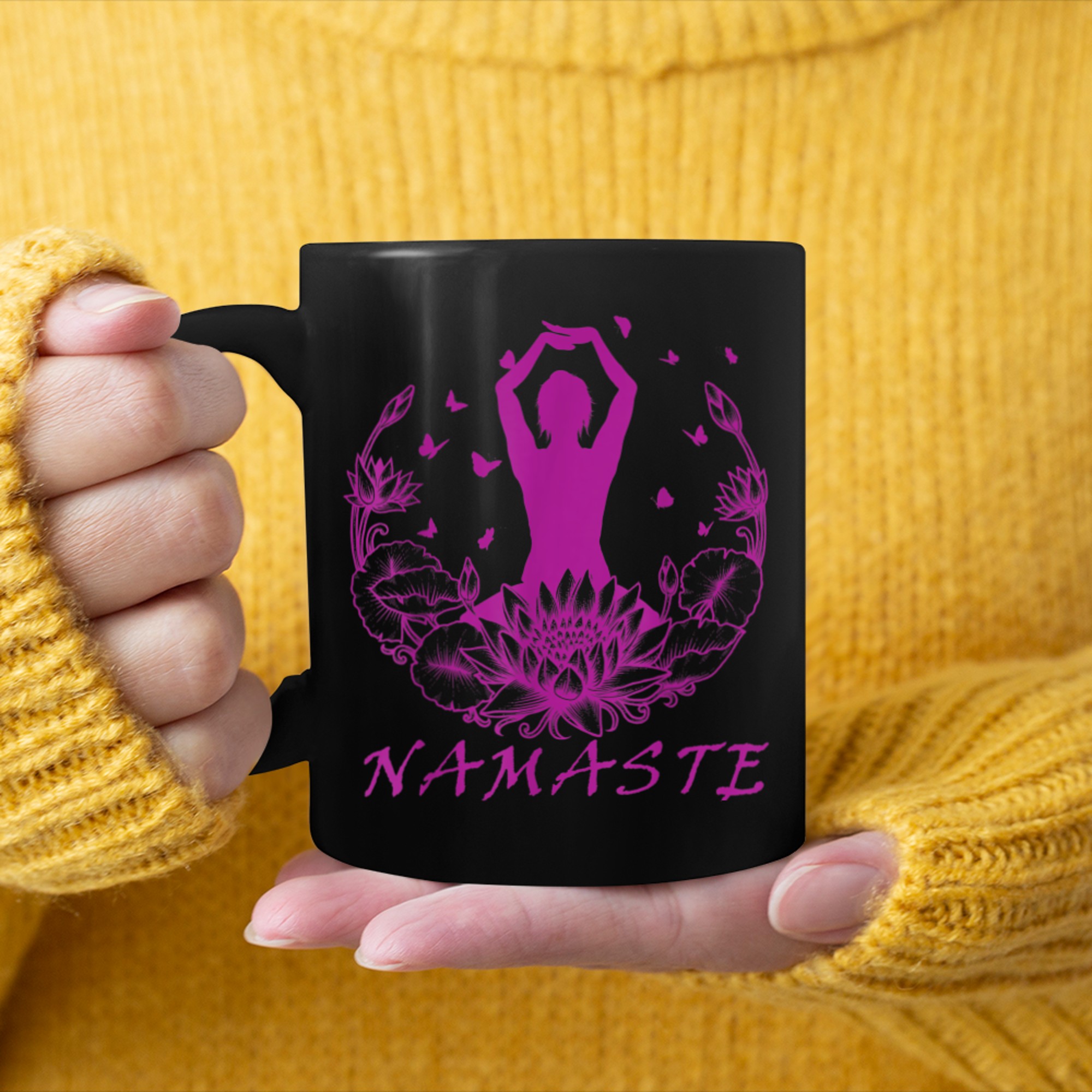 Namaste, Lotus flower, Yoga meditation clothing, Om symbol (12) mug black