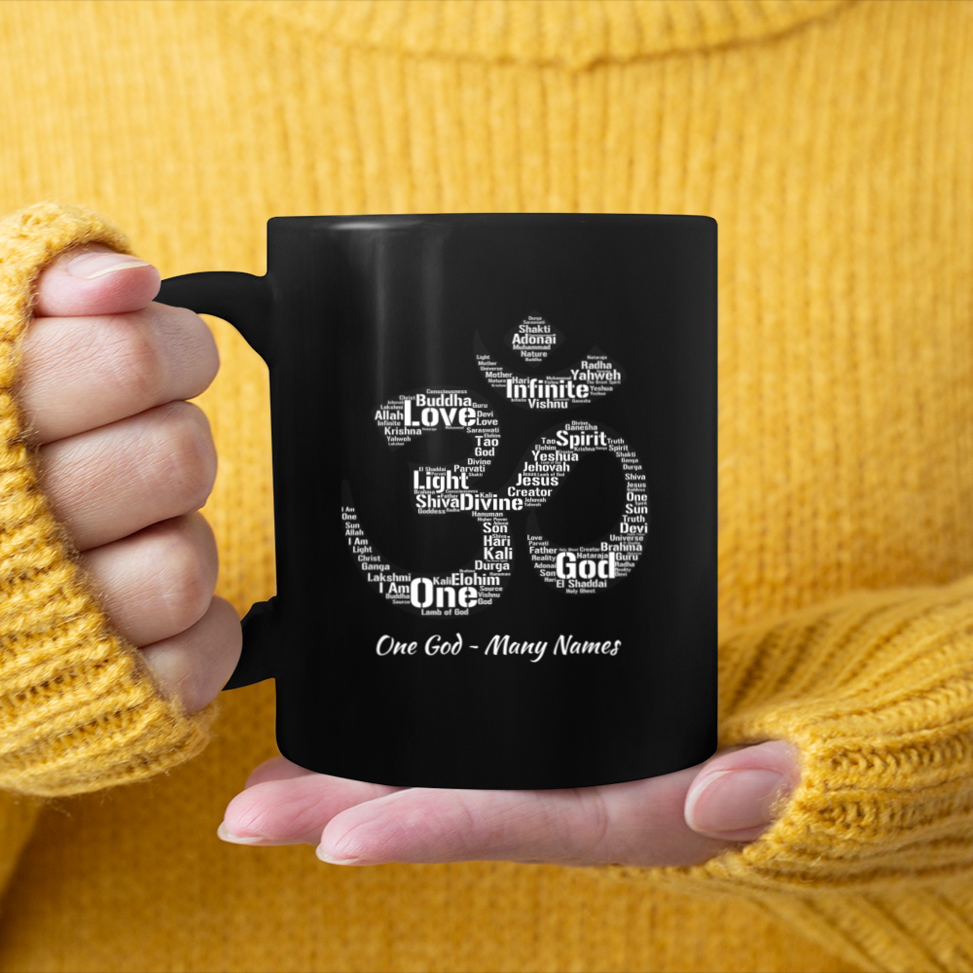 Names of God T-Shirt in Om Symbol Yoga Inspired Aum mug black