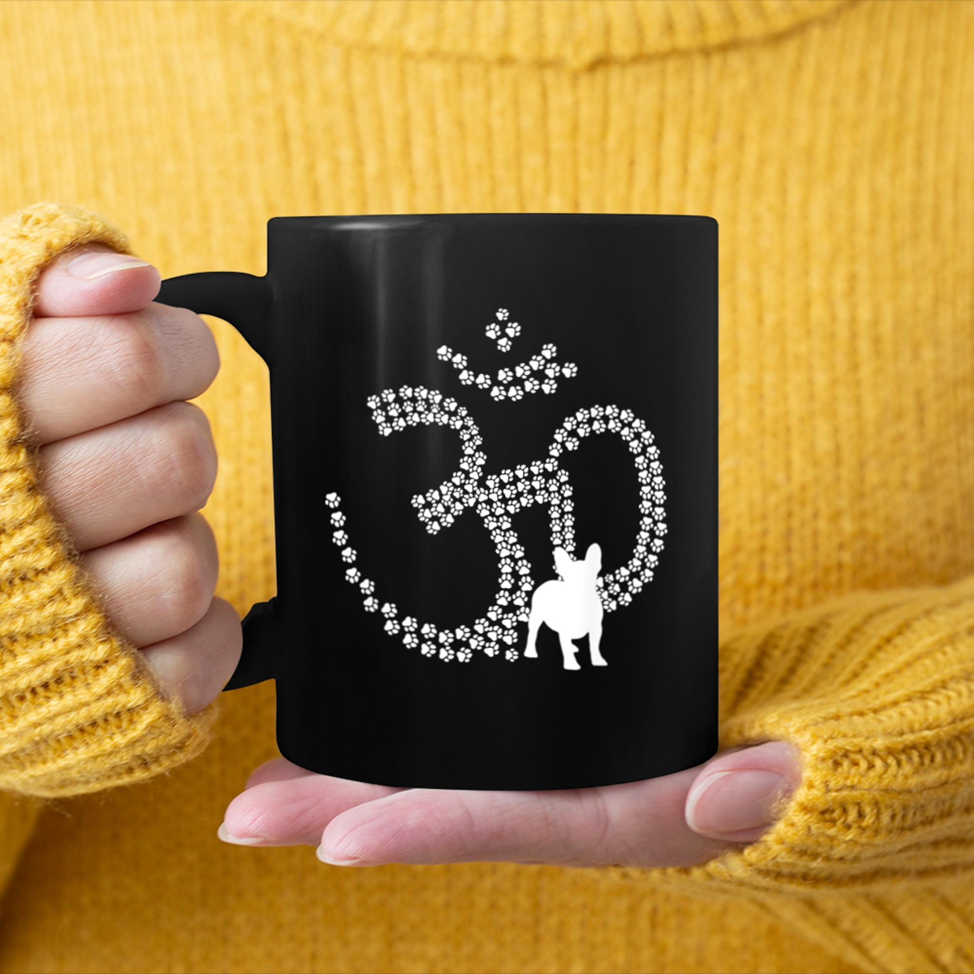 Om dog paws French Bulldog yoga Aum Ohm symbol Funny Yoga mug black