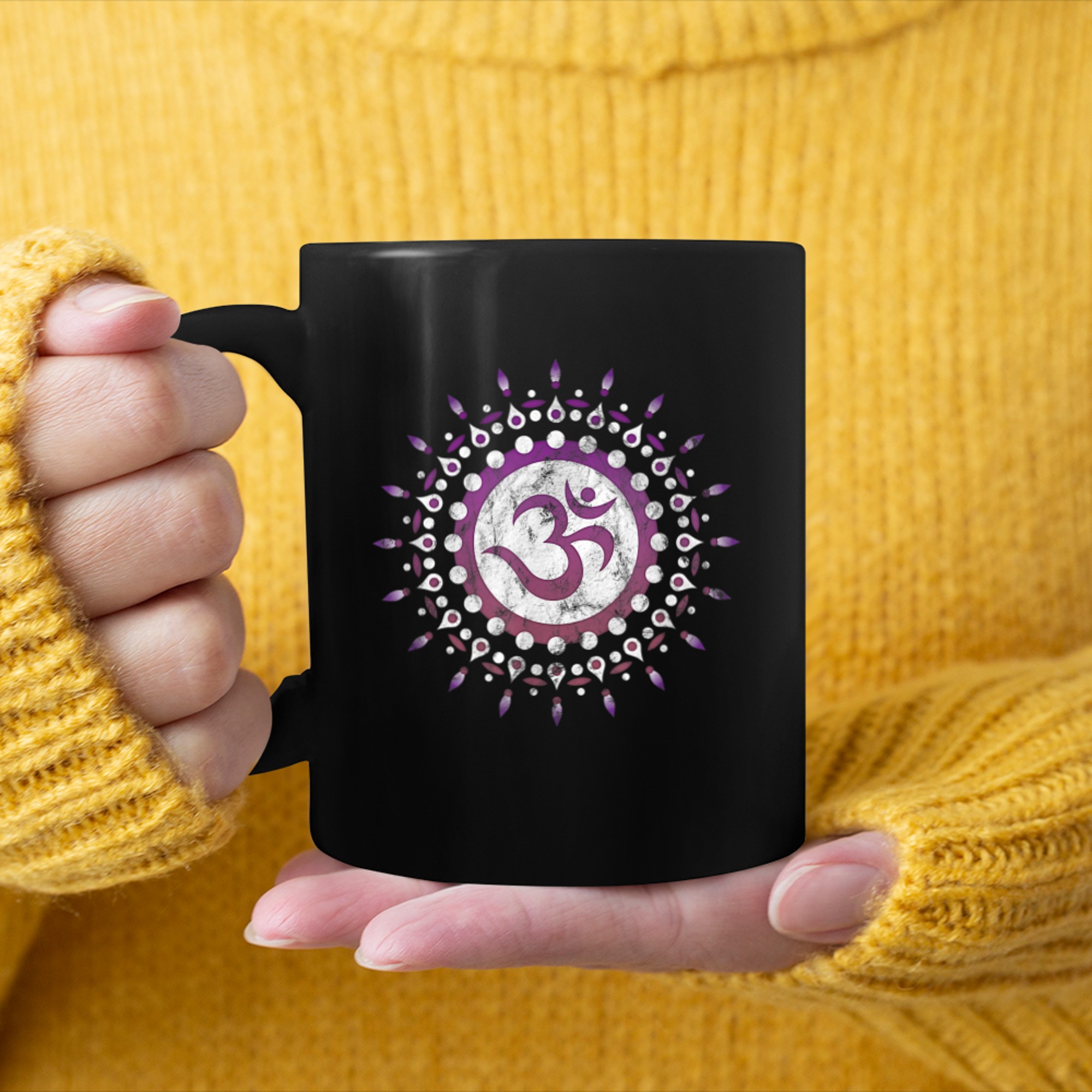 OM mantra, sun, symbol, mandala, flower, Yoga, Namaste, love (3) mug black