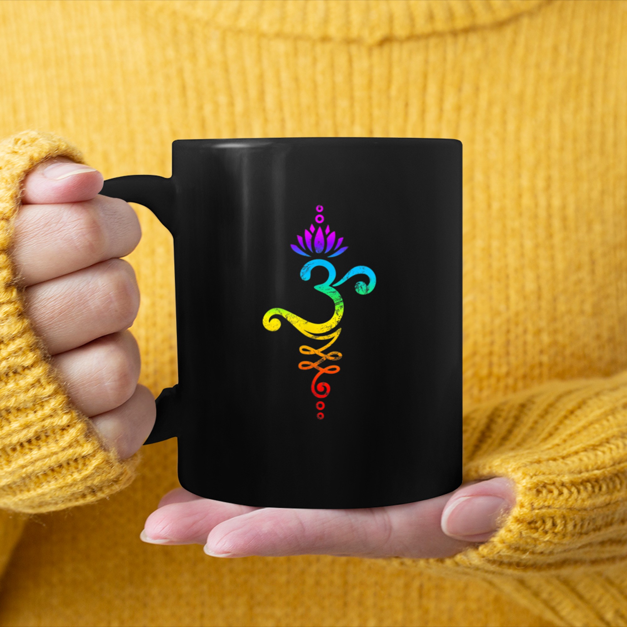 Om Mantra, yoga, symbol, lotus flower, rainbow, chakra (2) mug black