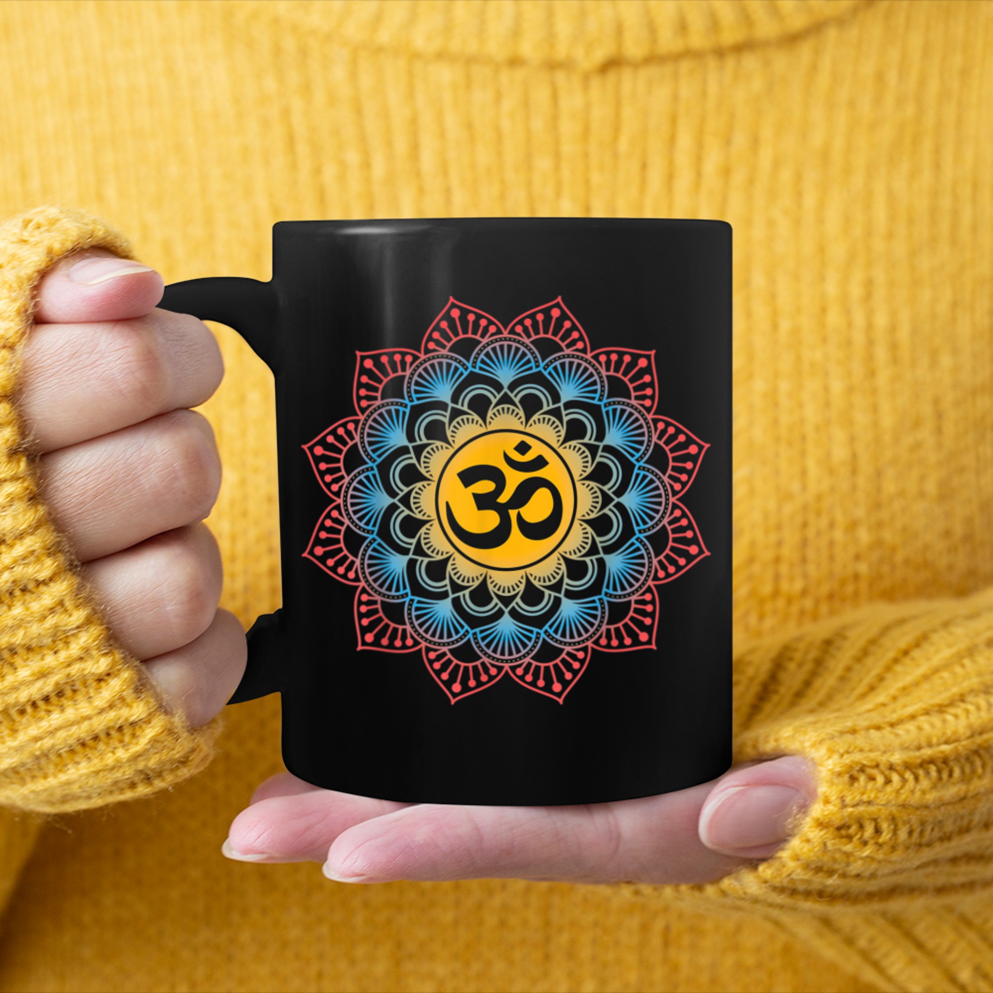 Om Symbol Mandala Flower Meditation Workout Yoga Lover mug black