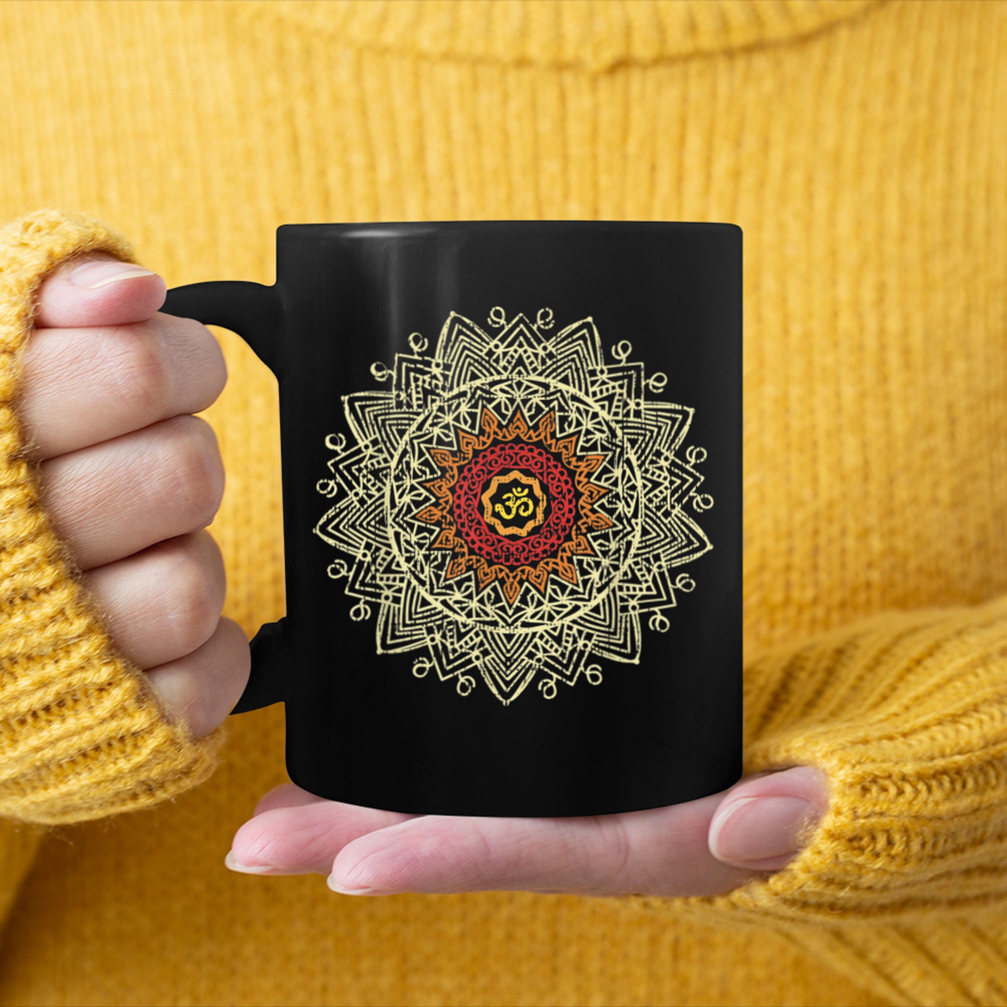 Om Symbol Namaste Yoga and Meditation Pose Hamsa Hand (2) mug black