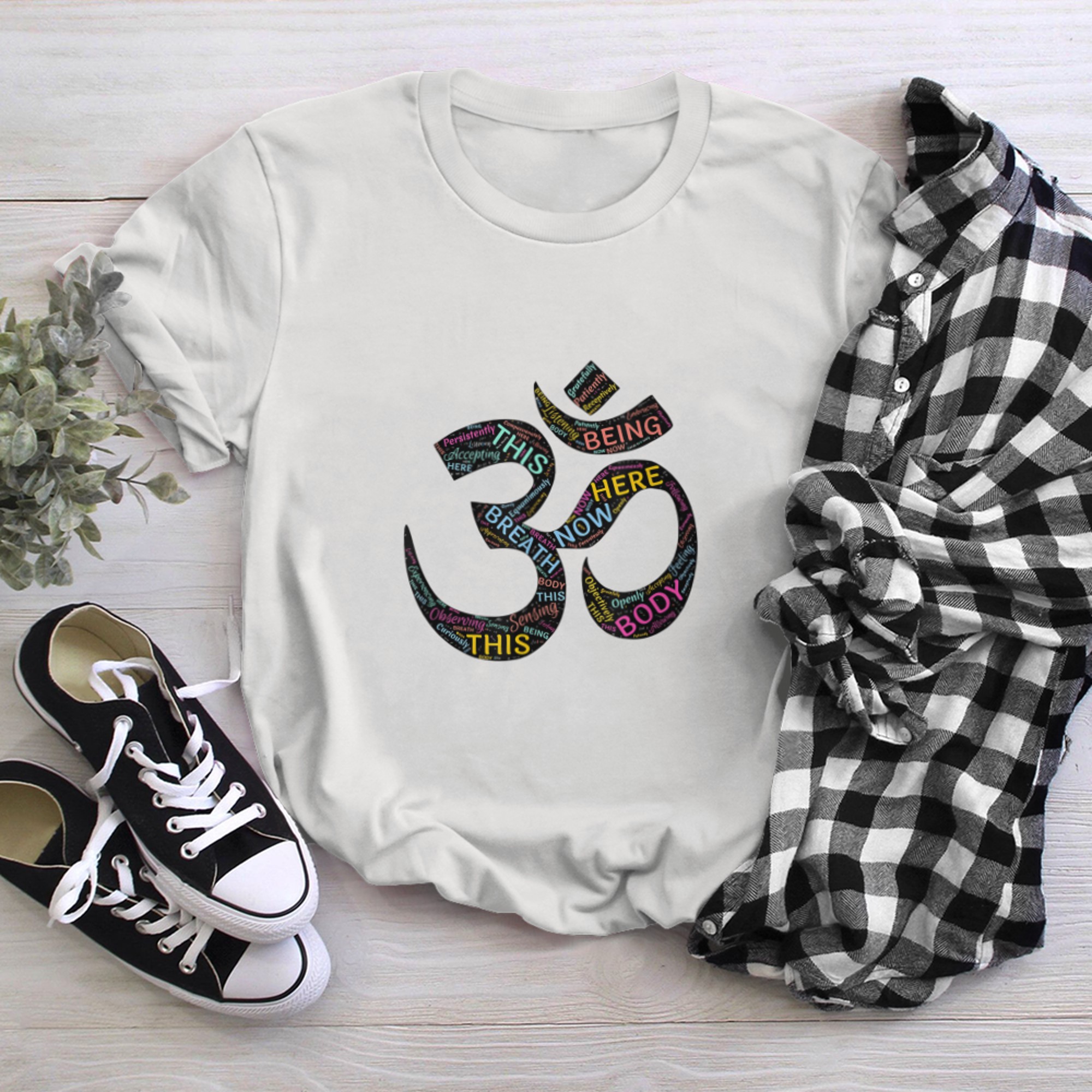 Om Symbol with meditation, yoga & mindfulness words inside t-shirt white