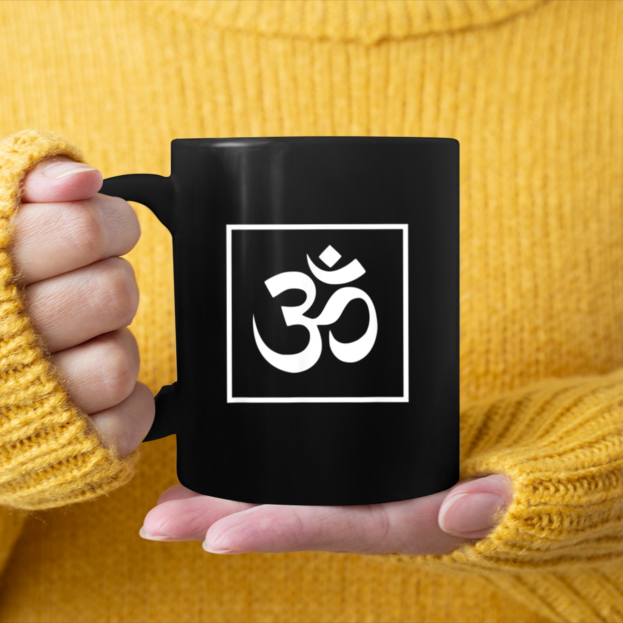 Om tshirt - yoga ohm aum symbol in a minimalist square tee mug black