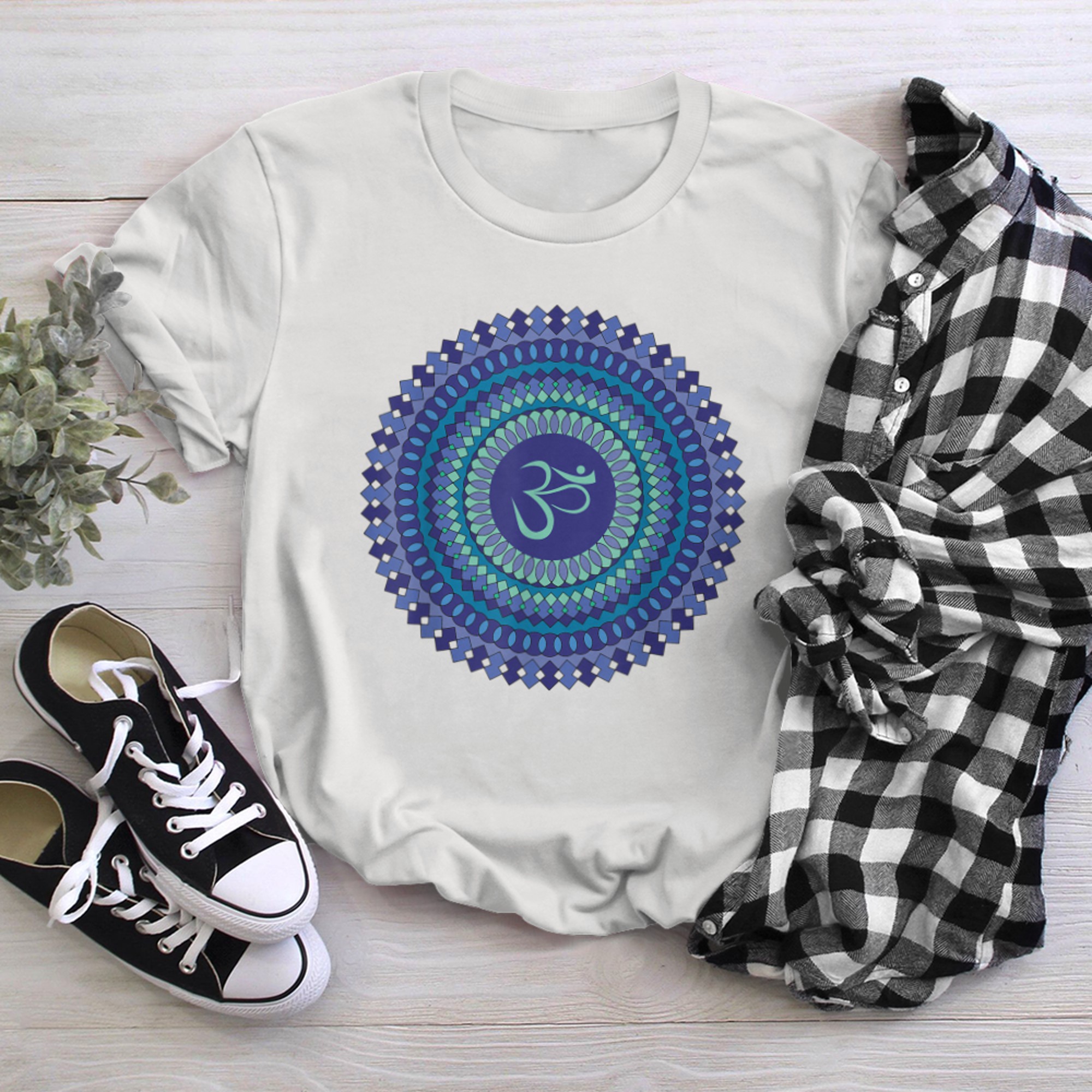 Spiritual Mandala Yoga Om Symbol Purple and Aqua Jewel Tones t-shirt white