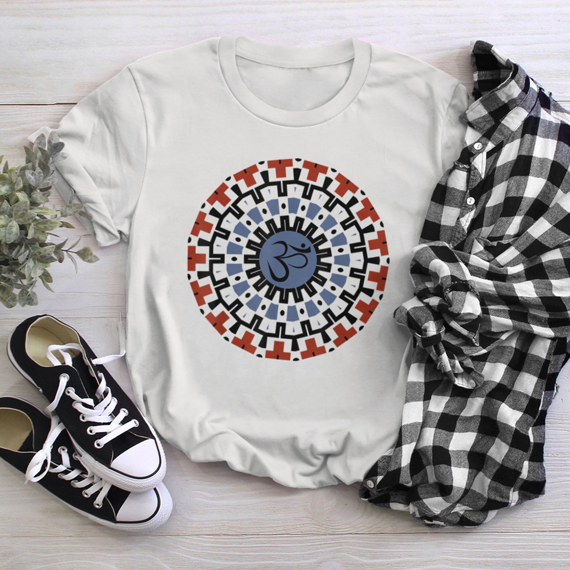 Spiritual Mandala Yoga Om Symbol Tribal Sky Rust Earth Tones t-shirt white