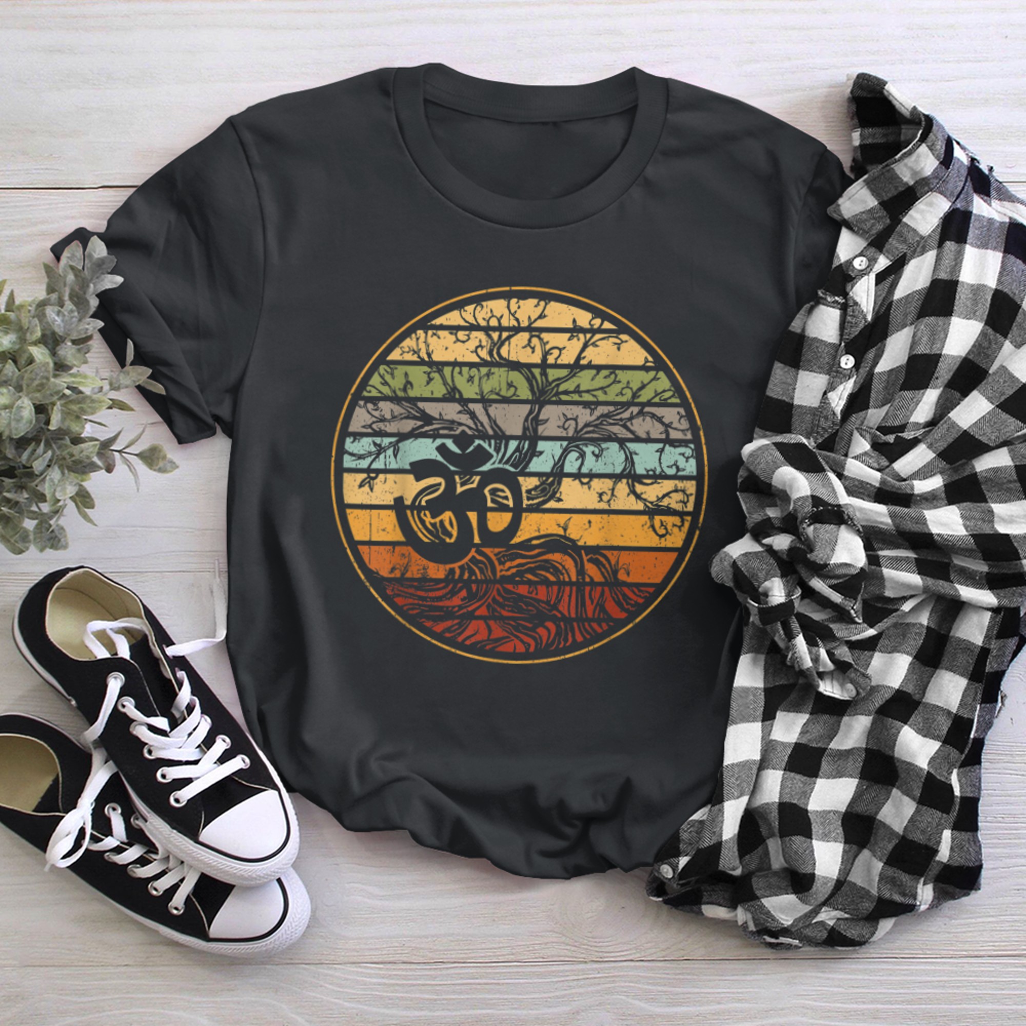 Tree of Life with Om Symbol Yoga Retro t-shirt black