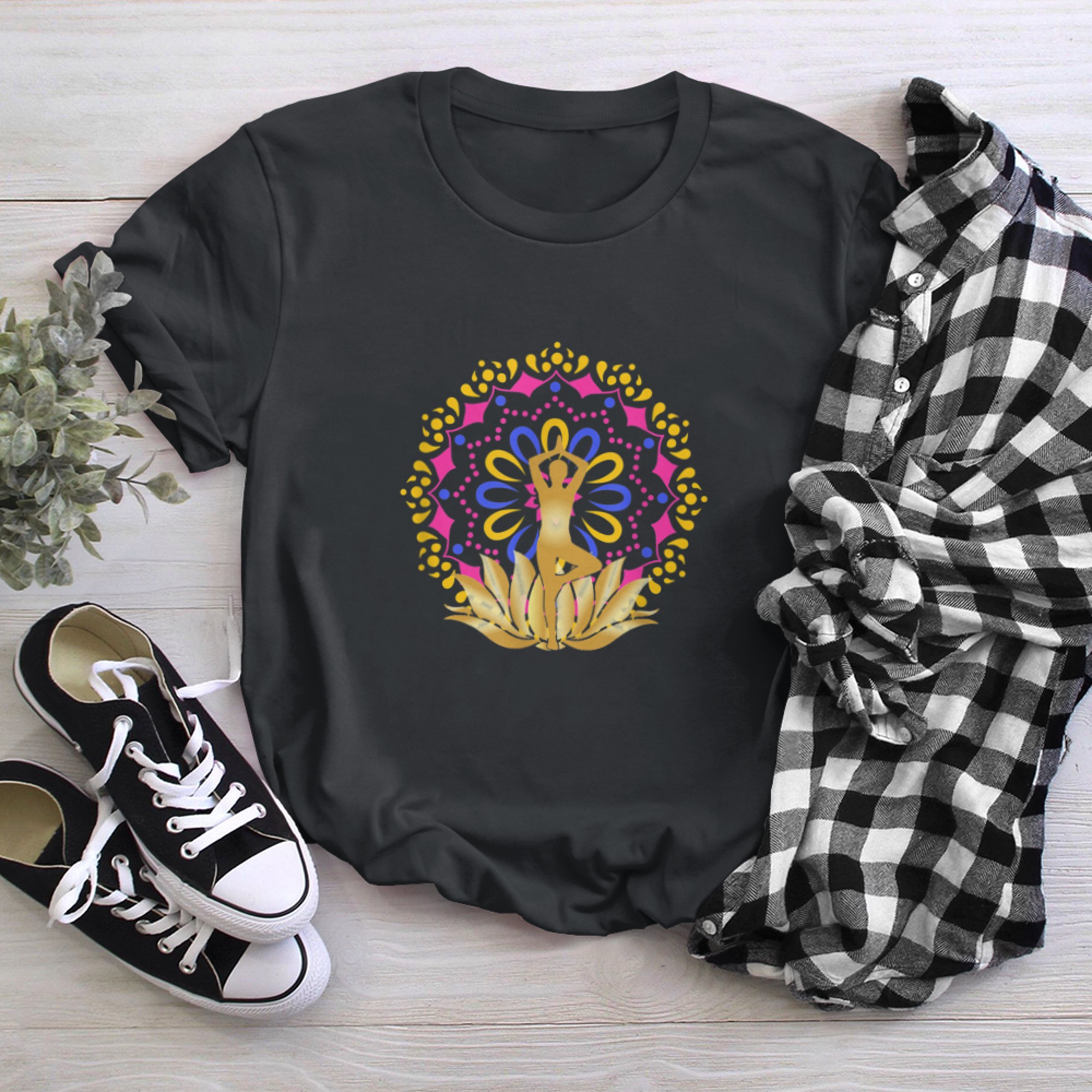 Yoga Mandala Namaste,Mosaic Zen,Om Symbol,Flower Meditation t-shirt black