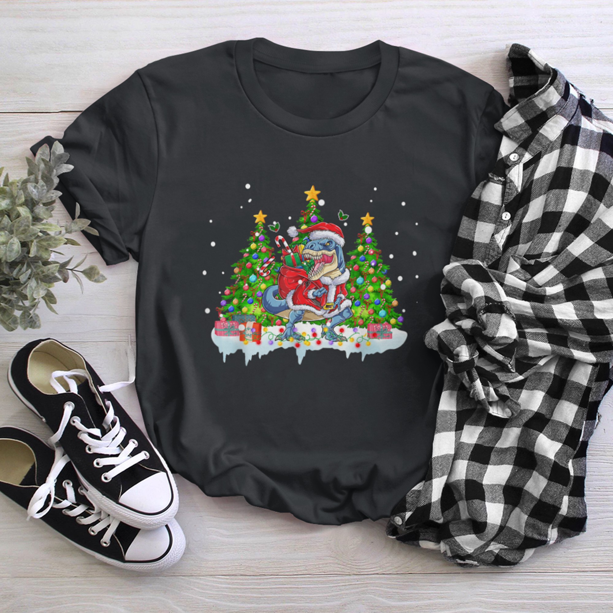 Christmas Dinosaur Tree Rex Pajamas Men Boys Kids Xmas t-shirt black