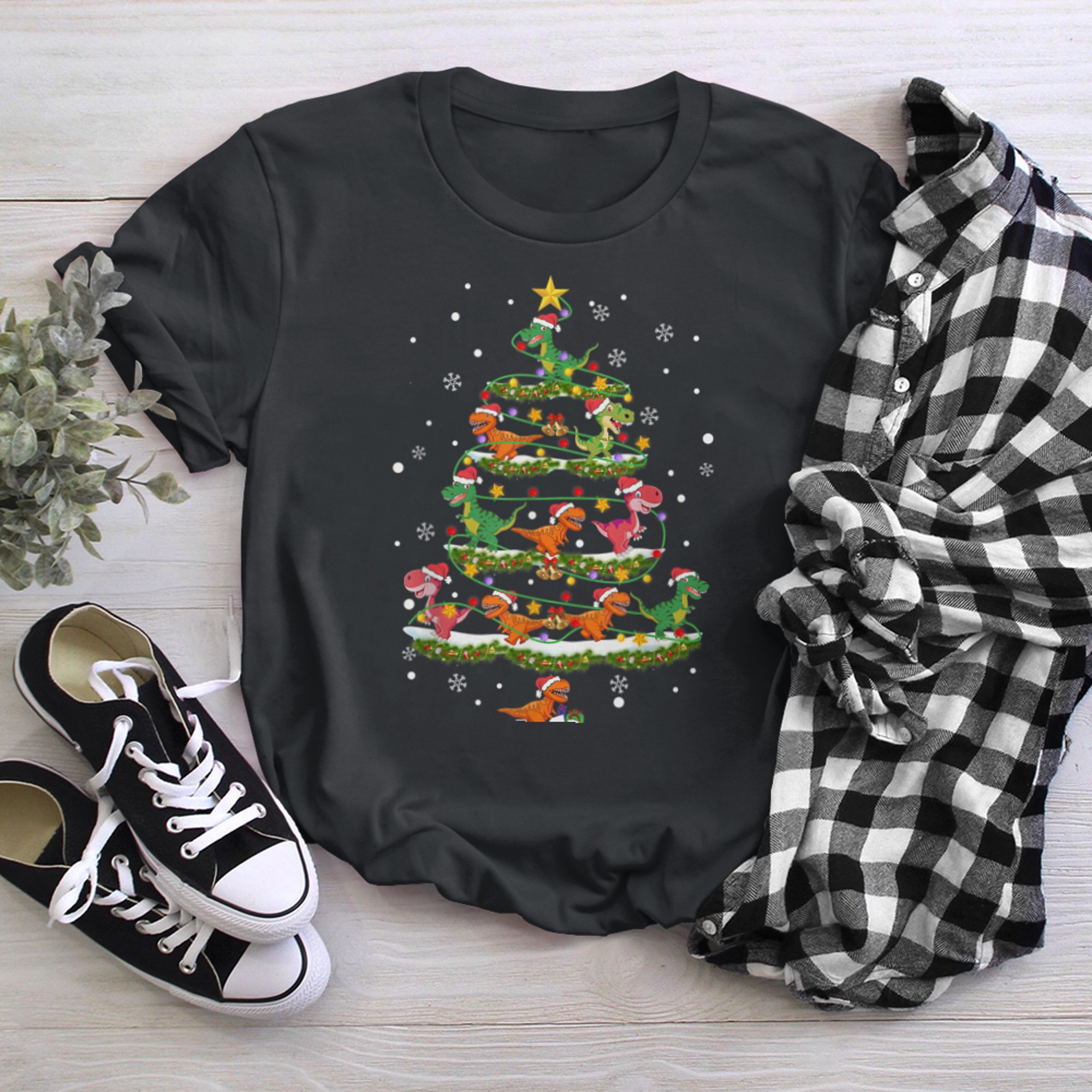 Christmas Dinosaur Xmas Tree Pajamas Men Boys Kids Xmas t-shirt black