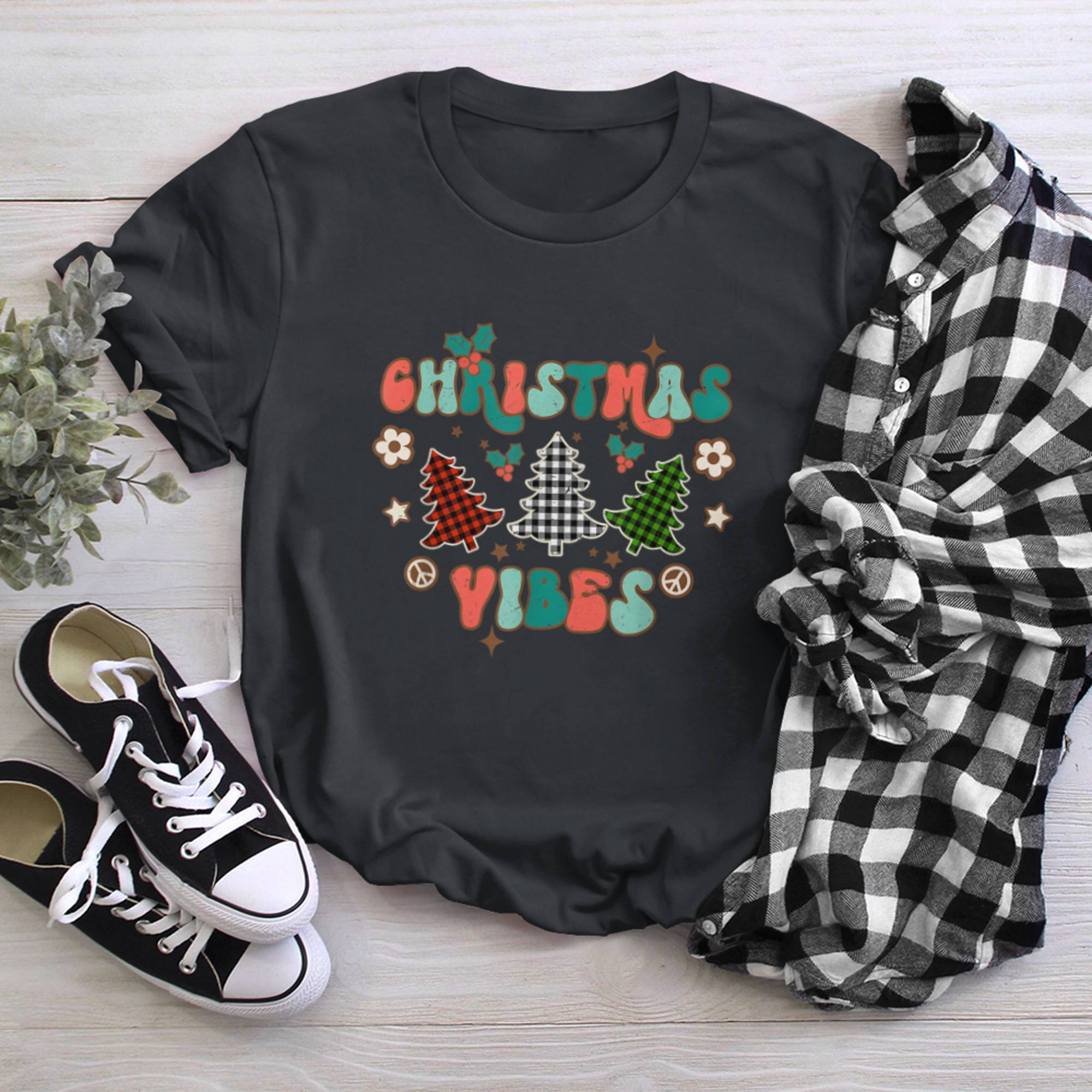 Christmas Vibes Buffalo Plaid Christmas Trees Family Holiday t-shirt black