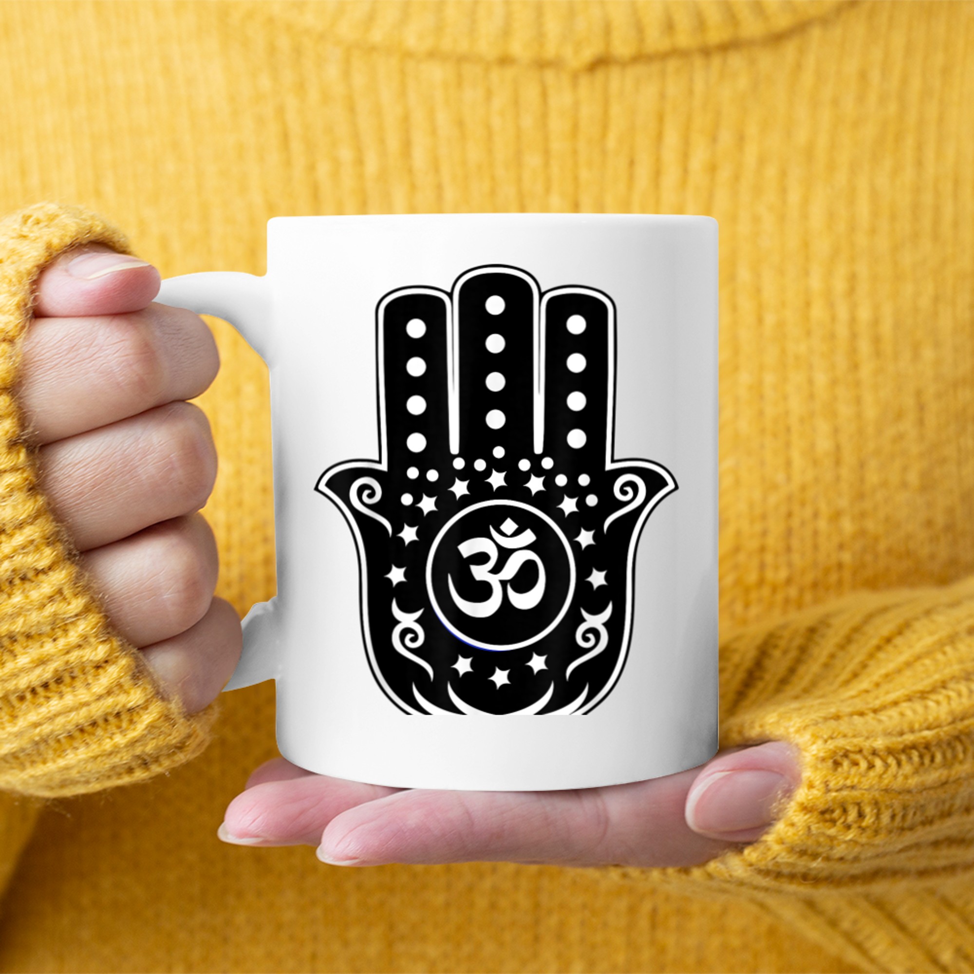 Hand of Hamsa Yoga Ohm Om symbol tshirt mug white