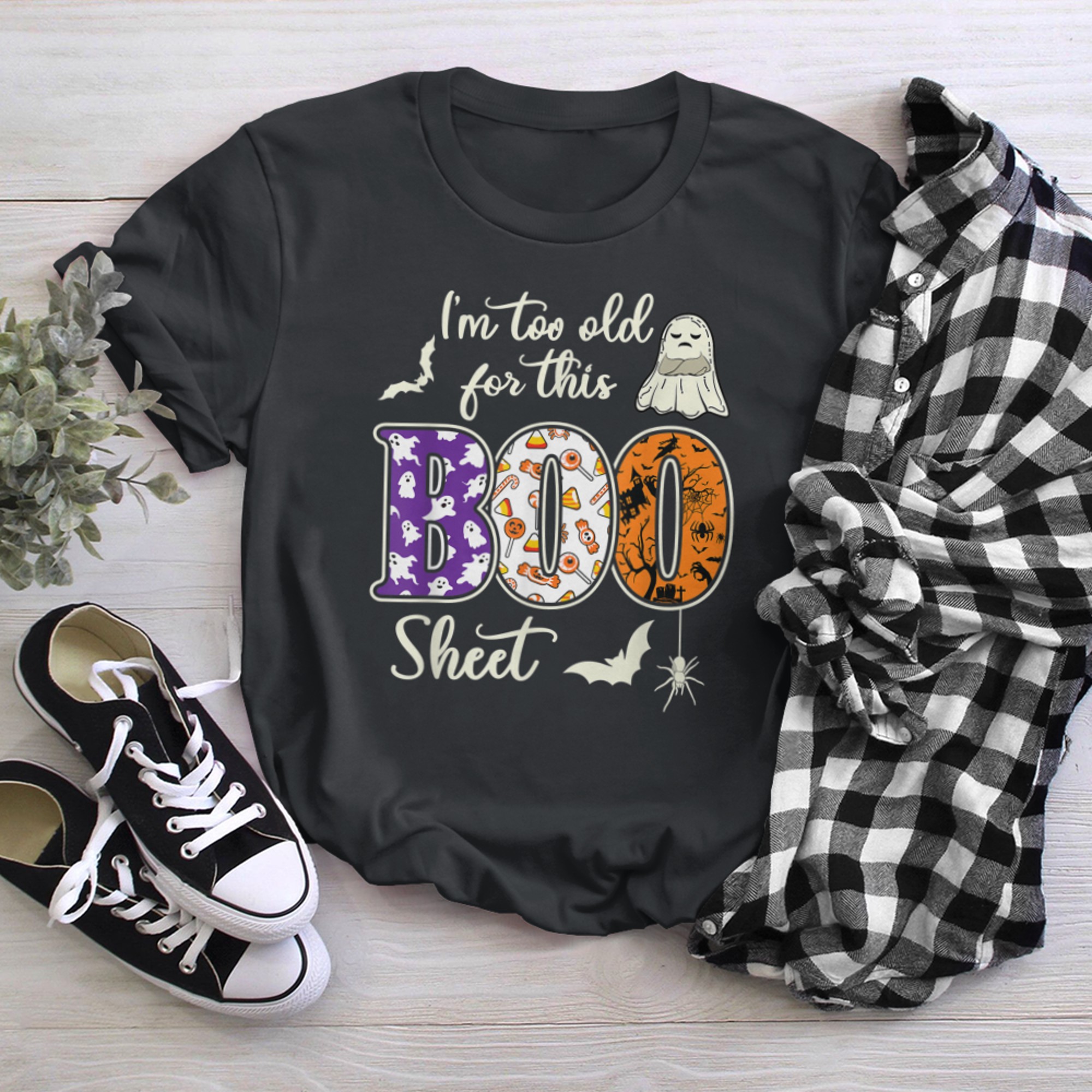 Im Too Old For This Boo Sheet Ghost Halloween Costume Spooky t-shirt black