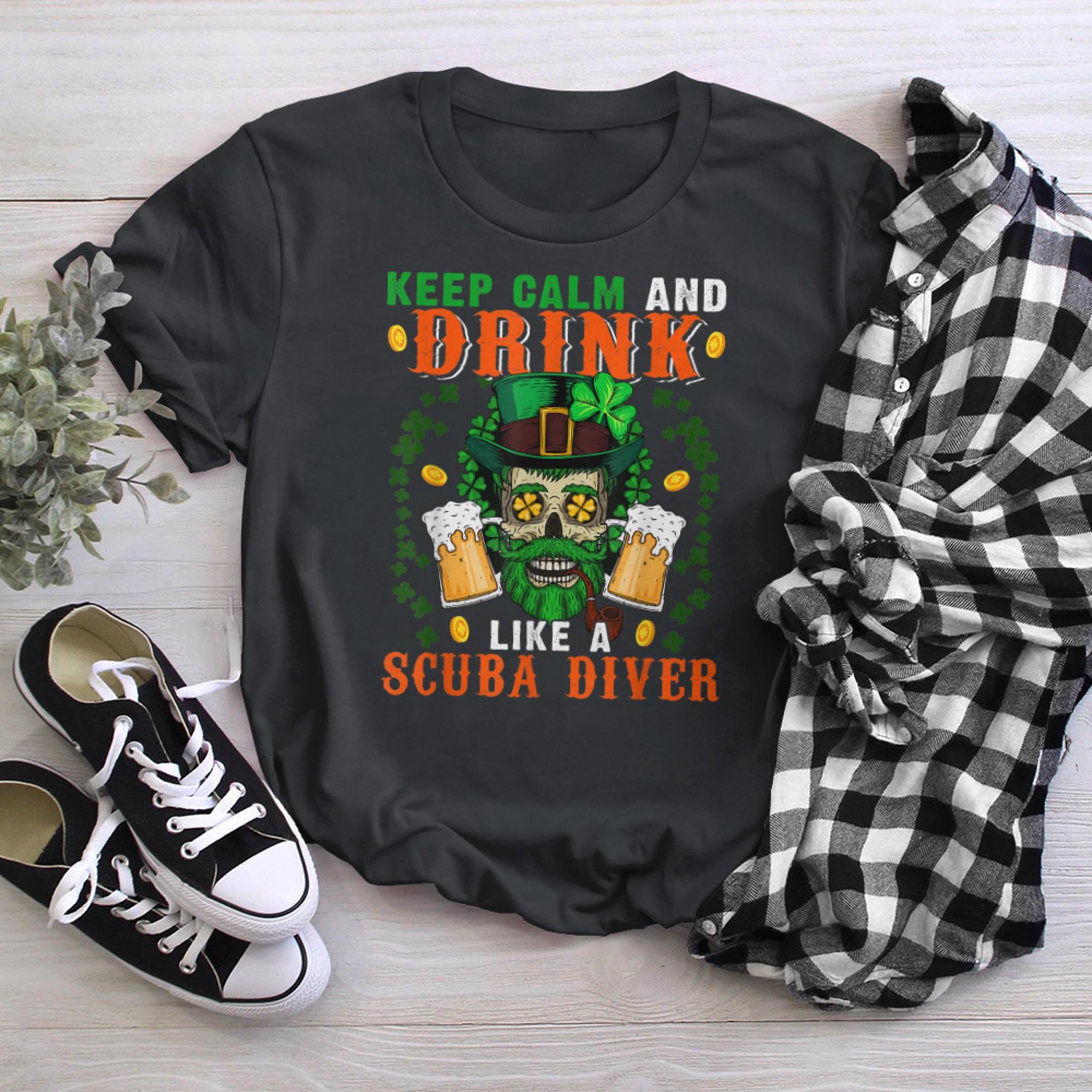 Keep Calm And Drink Like A Scuba Diver Patrick's Day Skull t-shirt black