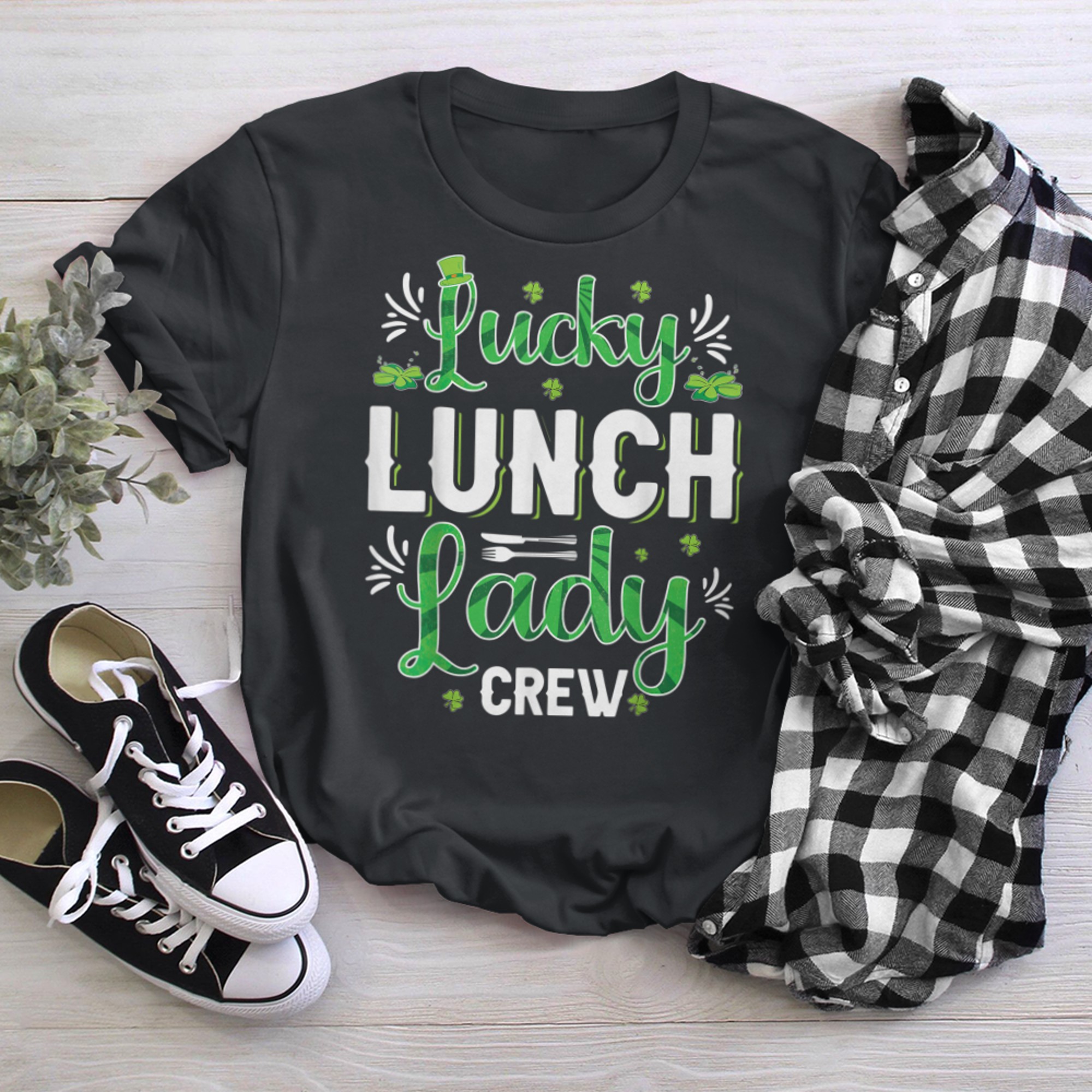 Lucky Lunch Lady Crew cafeteria worker St. Patricks day t-shirt black