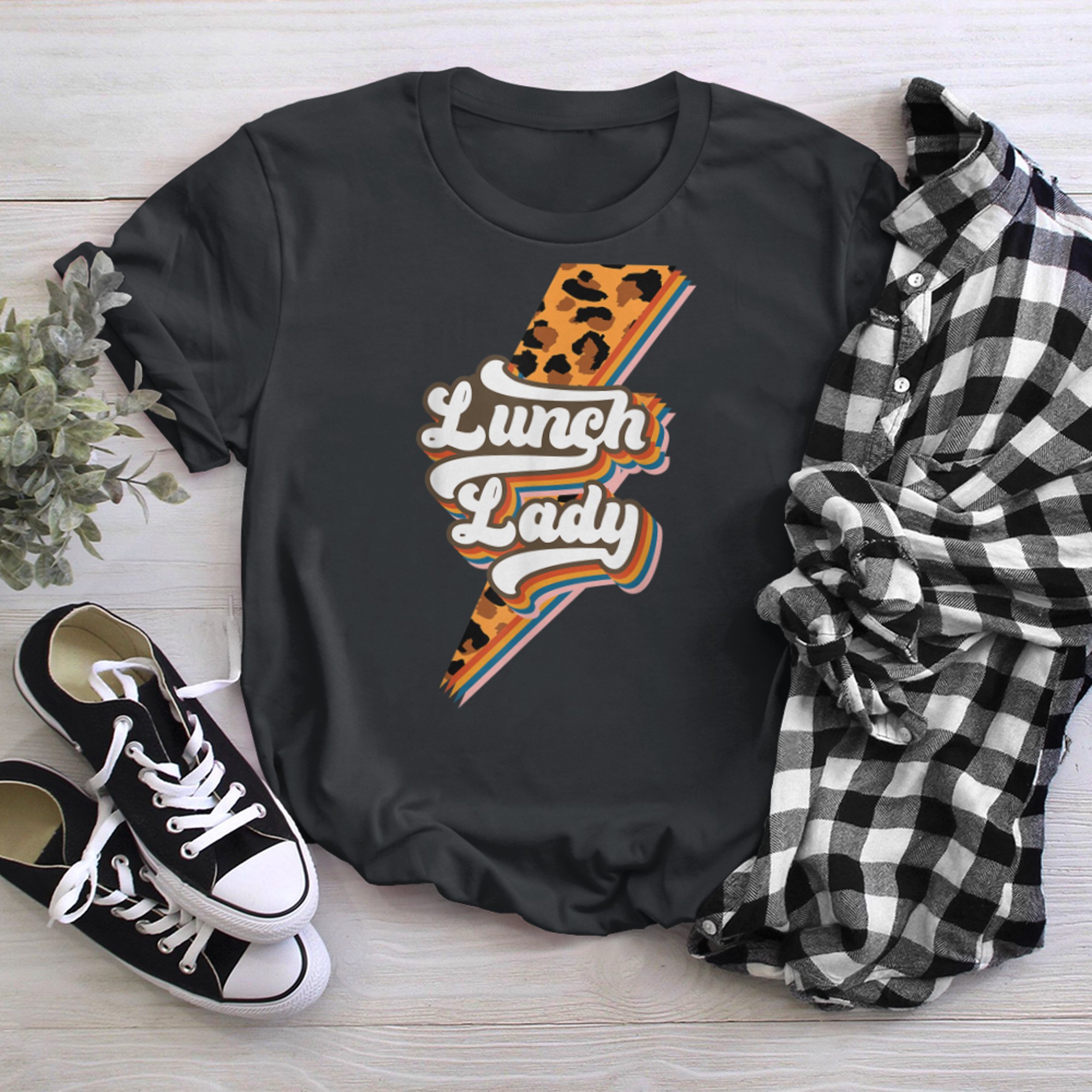 Lunch Lady Leopard Plaid School Cafeteria Worker Crew t-shirt black