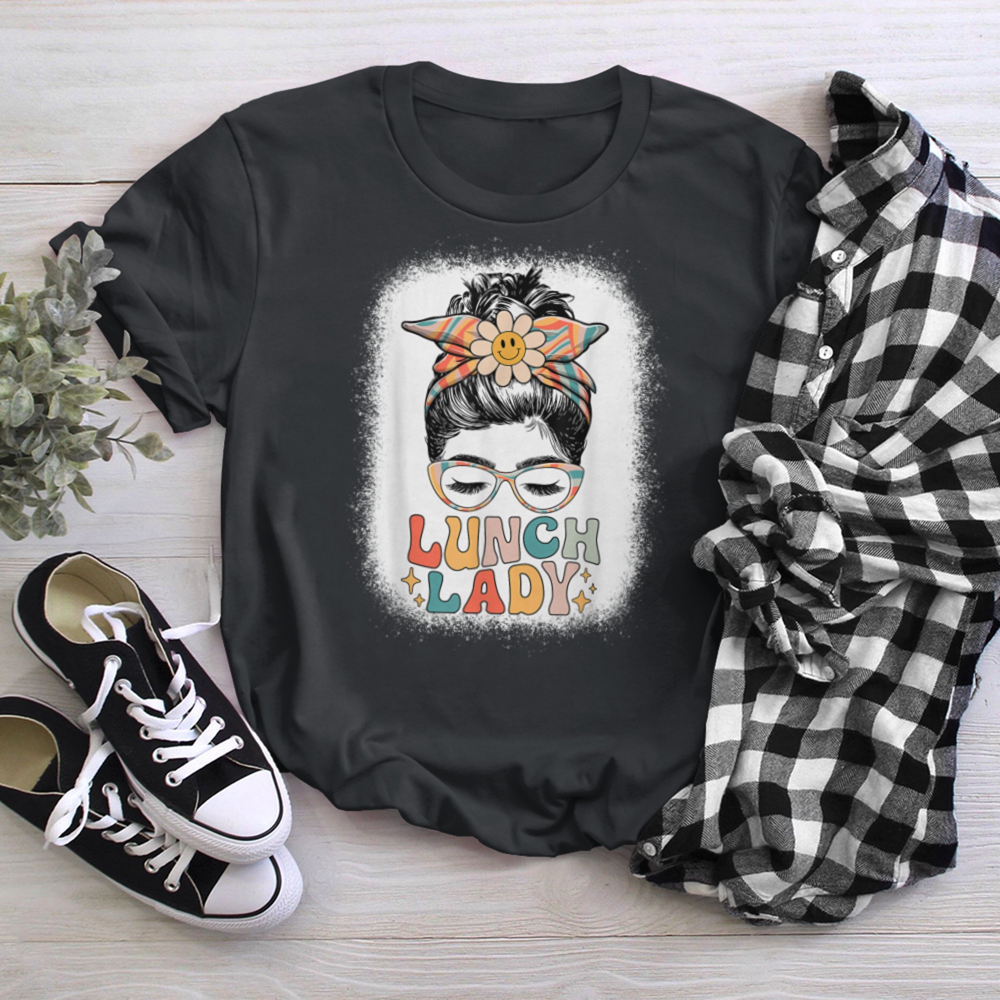 Lunch Lady Messy Bun Retro Lunch Ladies Squad Cafeteria Crew (3) t-shirt black