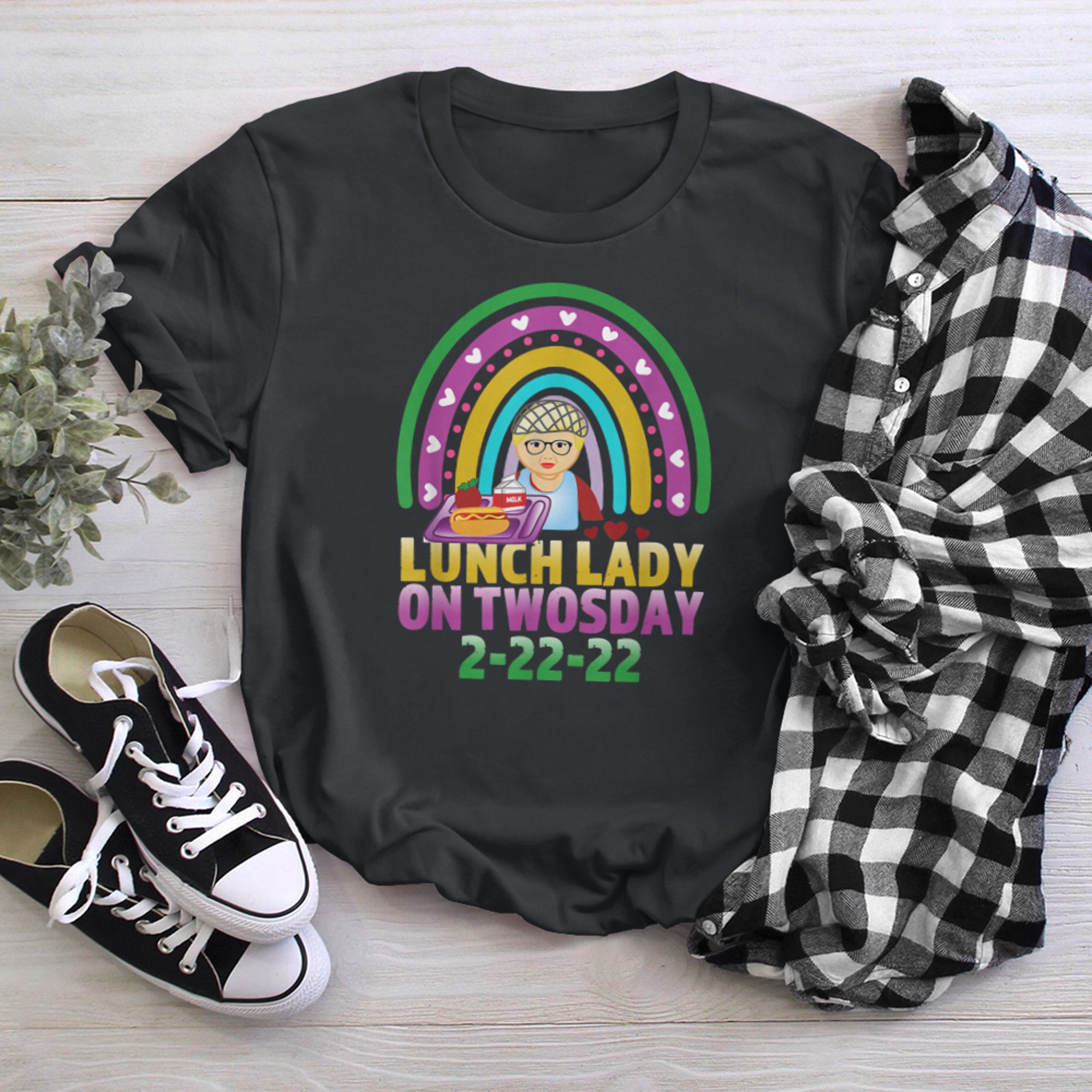 Lunch Lady On twosday Shirt 2-22-Rainbow Cafeteria Crew (1) t-shirt black